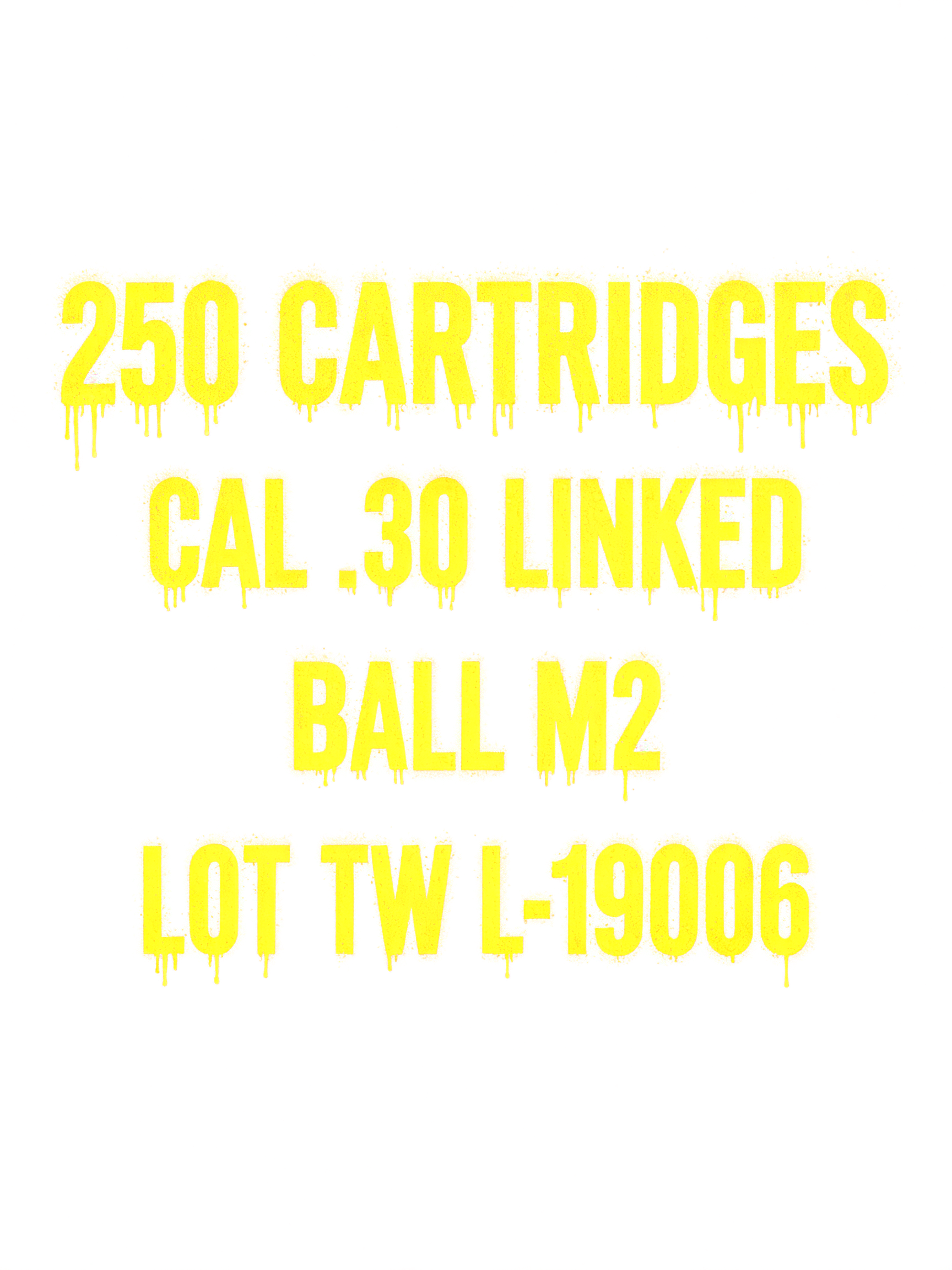 "250 CARTRIDGES
CAL .30 LINKED
BALL M2
LOT TW L-19006" — Stencil | AI Text Effect Generator