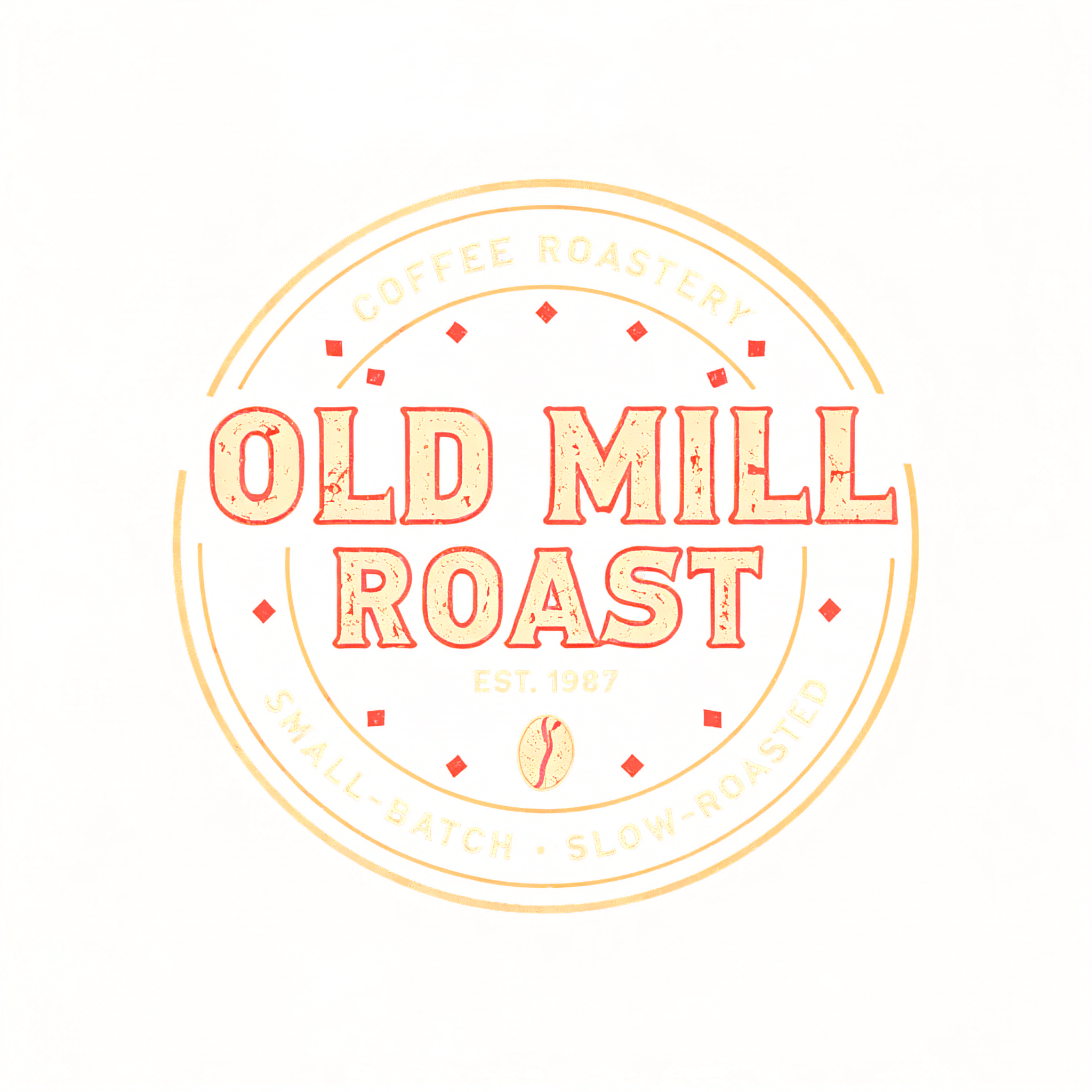 "OLD MILL
ROAST
COFFEE ROASTERY
SMALL-BATCH • SLOW-ROASTED
EST. 1987" — Vintage text effect