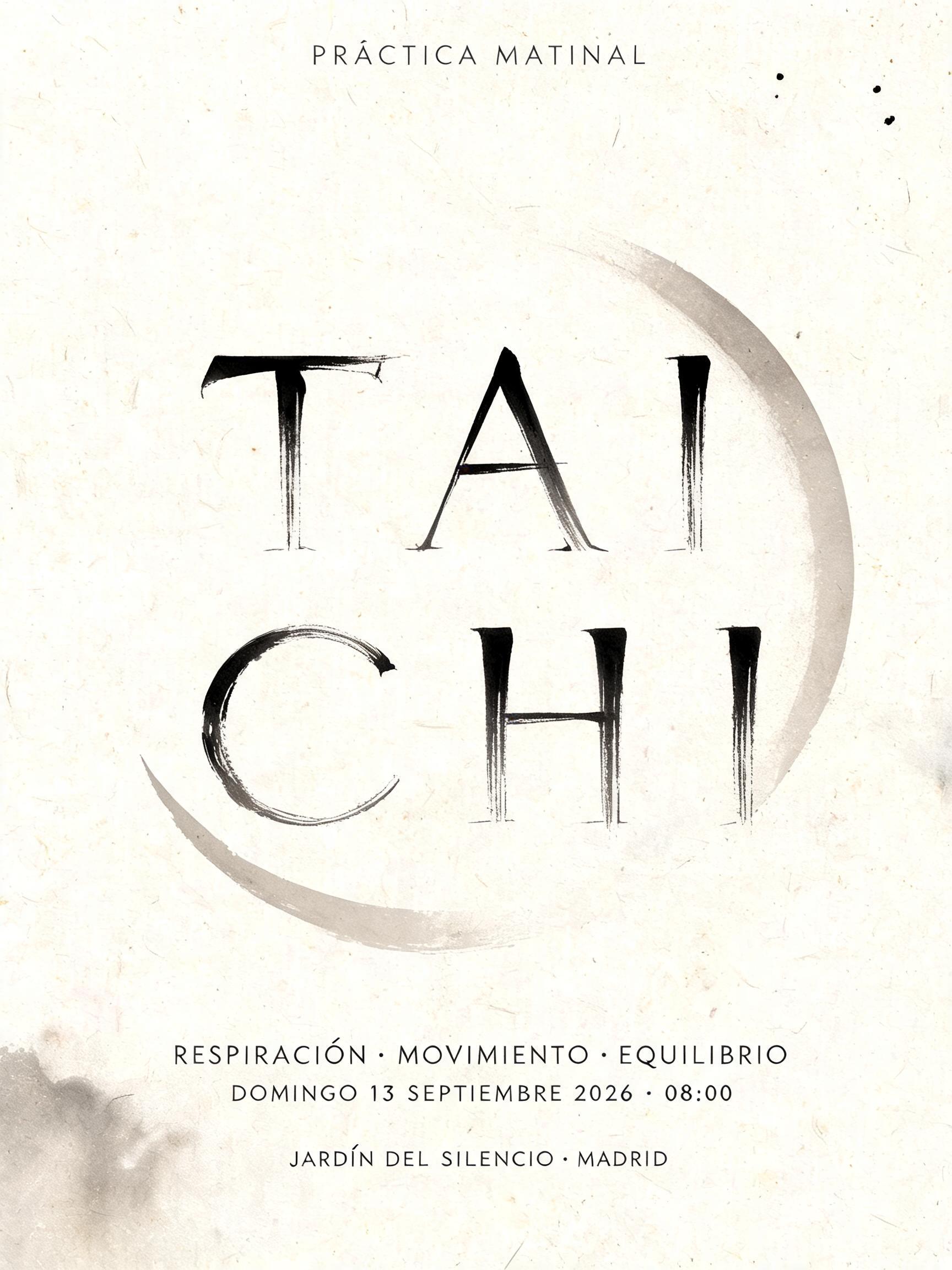"PRÁCTICA MATINAL
TAI
CHI
RESPIRACIÓN · MOVIMIENTO · EQUILIBRIO
DOMINGO 13 SEPTIEMBRE 2026 · 08:00
JARDÍN DEL SILENCIO · MADRID" — Brush Chinese Ink | AI Text Effect Generator