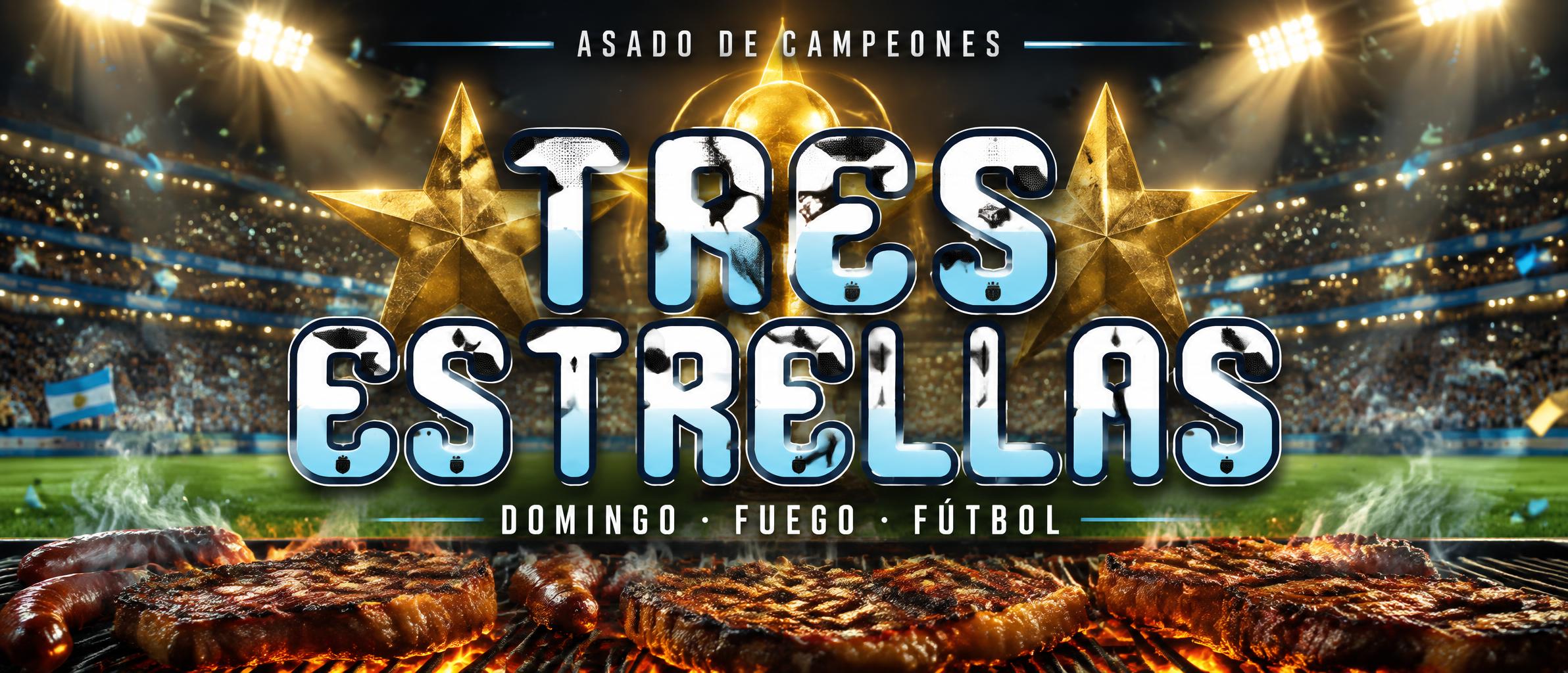"TRES
ESTRELLAS
ASADO DE CAMPEONES
DOMINGO · FUEGO · FÚTBOL" — Sports Football | AI Text Effect Generator