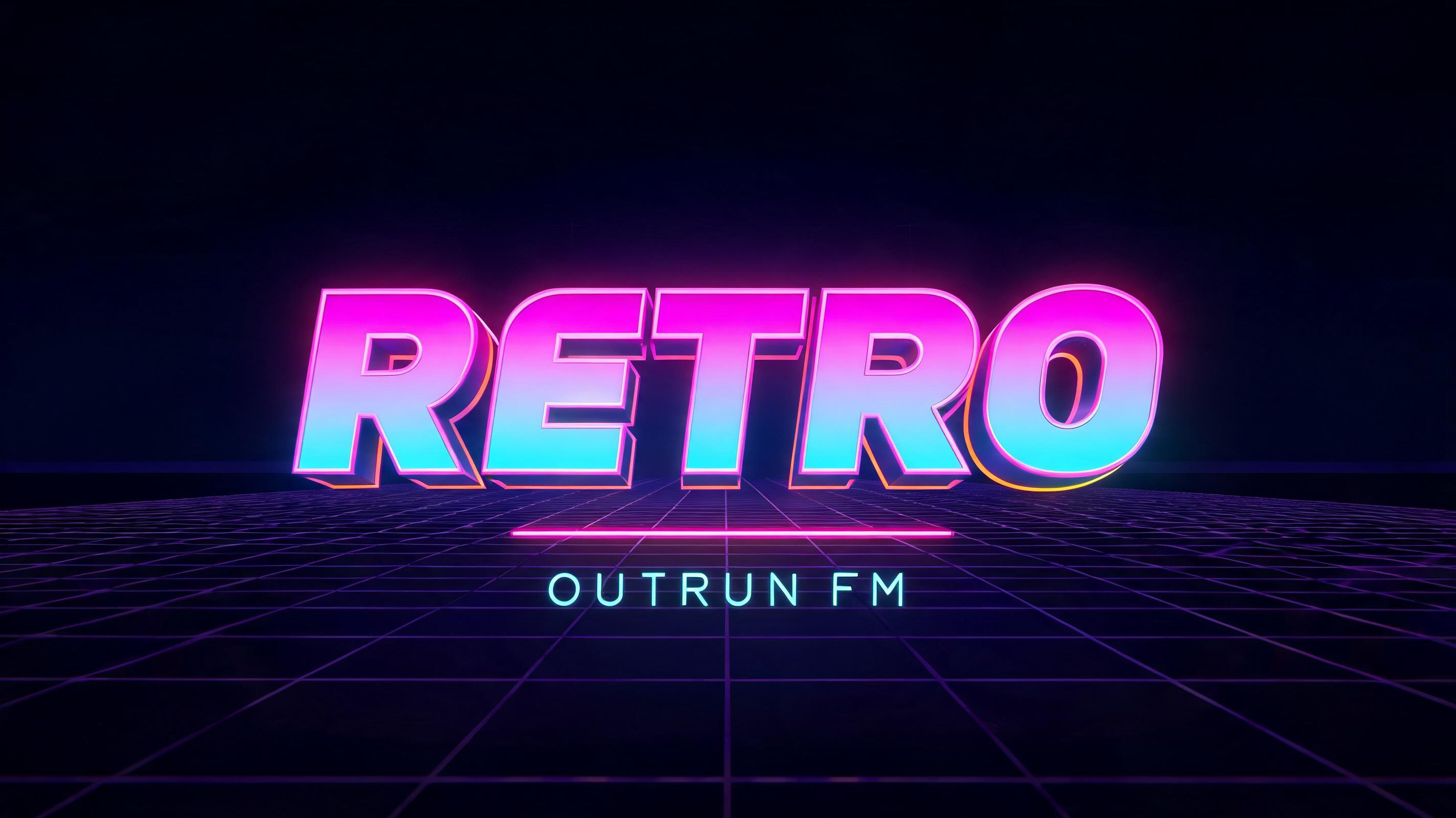 "Give me a YouTube thumbnail that says RETRO for my synthwave channel Outrun FM" — 3d Bold Neon text effect