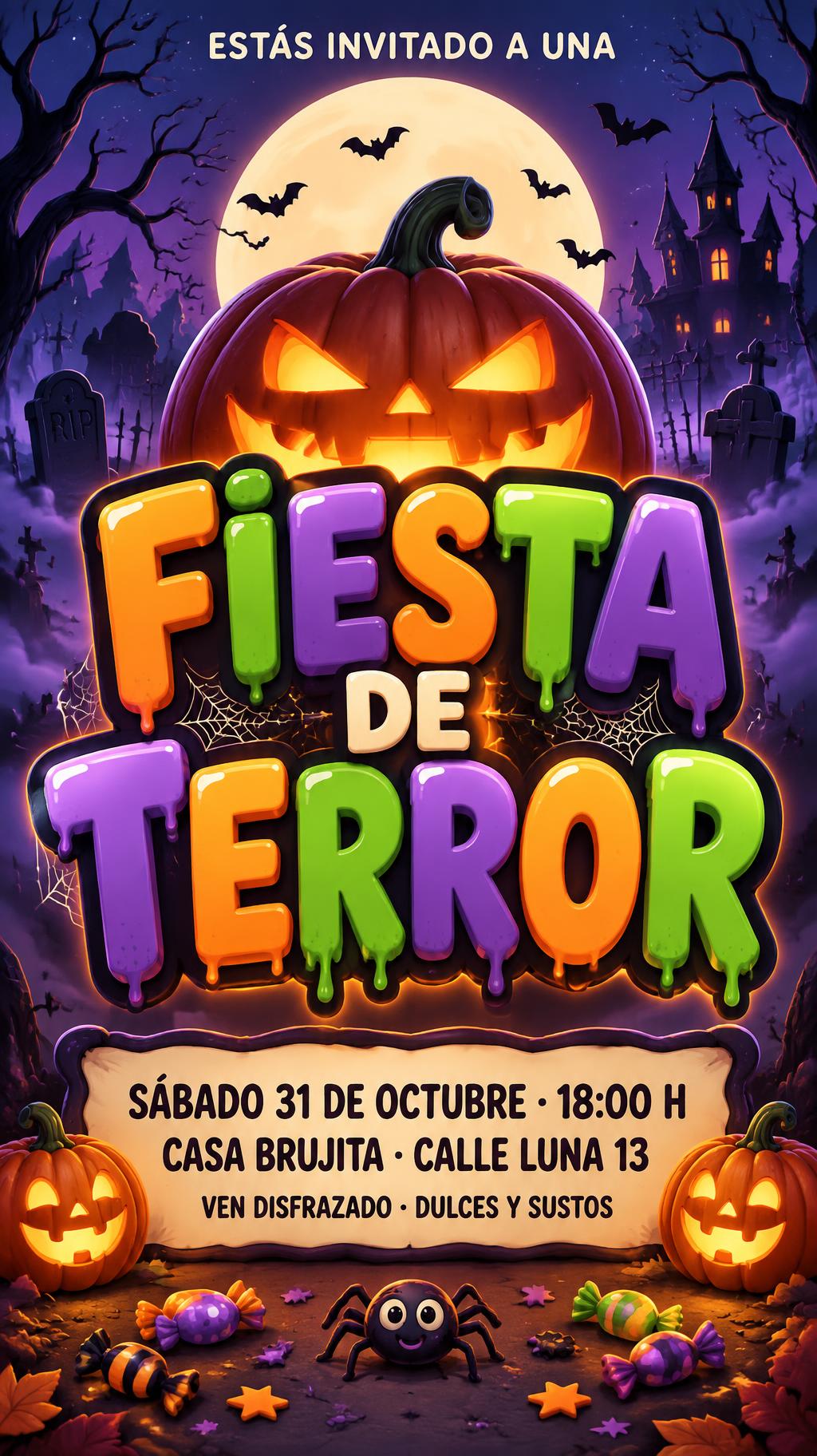 "FIESTA DE TERROR
ESTÁS INVITADO A UNA
SÁBADO 31 DE OCTUBRE · 18:00 H
CASA BRUJITA · CALLE LUNA 13
VEN DISFRAZADO · DULCES Y SUSTOS" — Halloween text effect