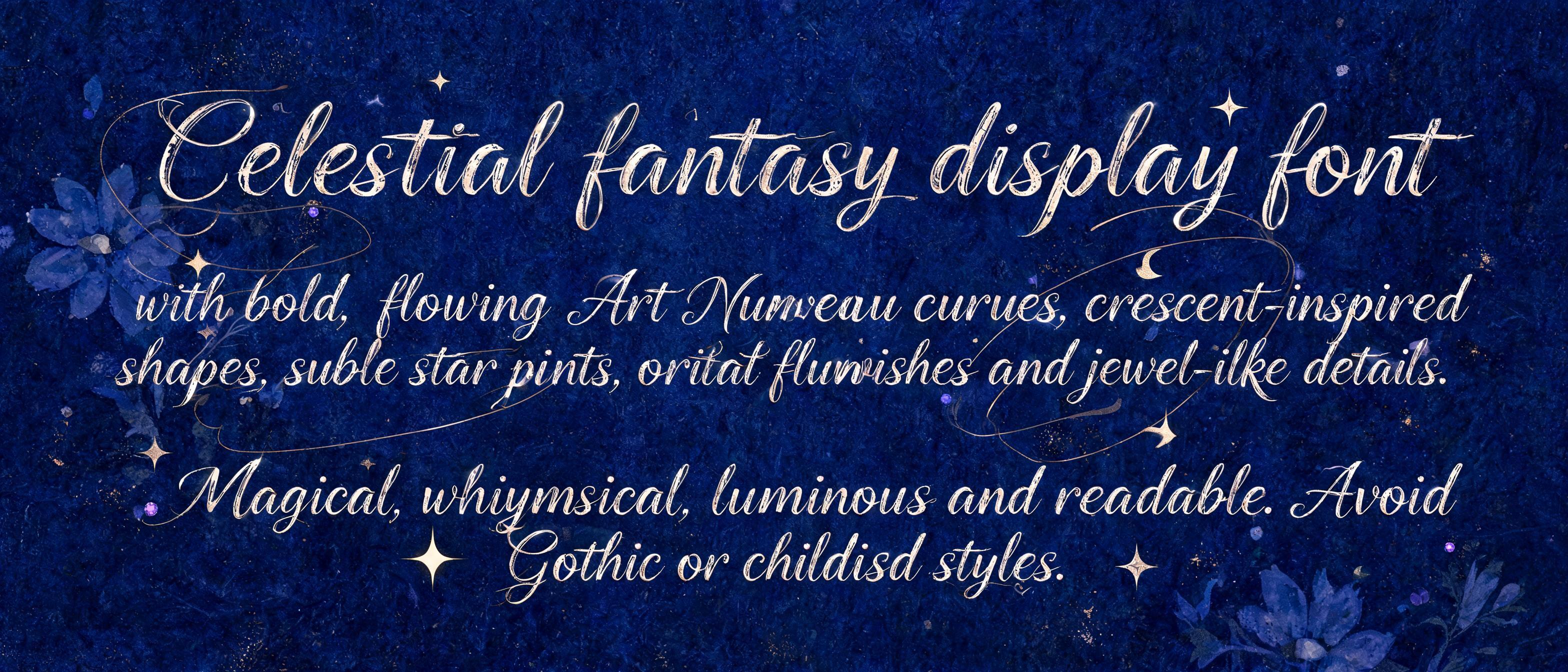 "Celestial fantasy display font with bold, flowing Art Nouveau curves, crescent-inspired shapes, subtle star points, orbital flourishes and jewel-like details. Magical, whimsical, luminous and readable. Avoid Gothic or childish styles." — Brush Stroke | AI Text Effect Generator