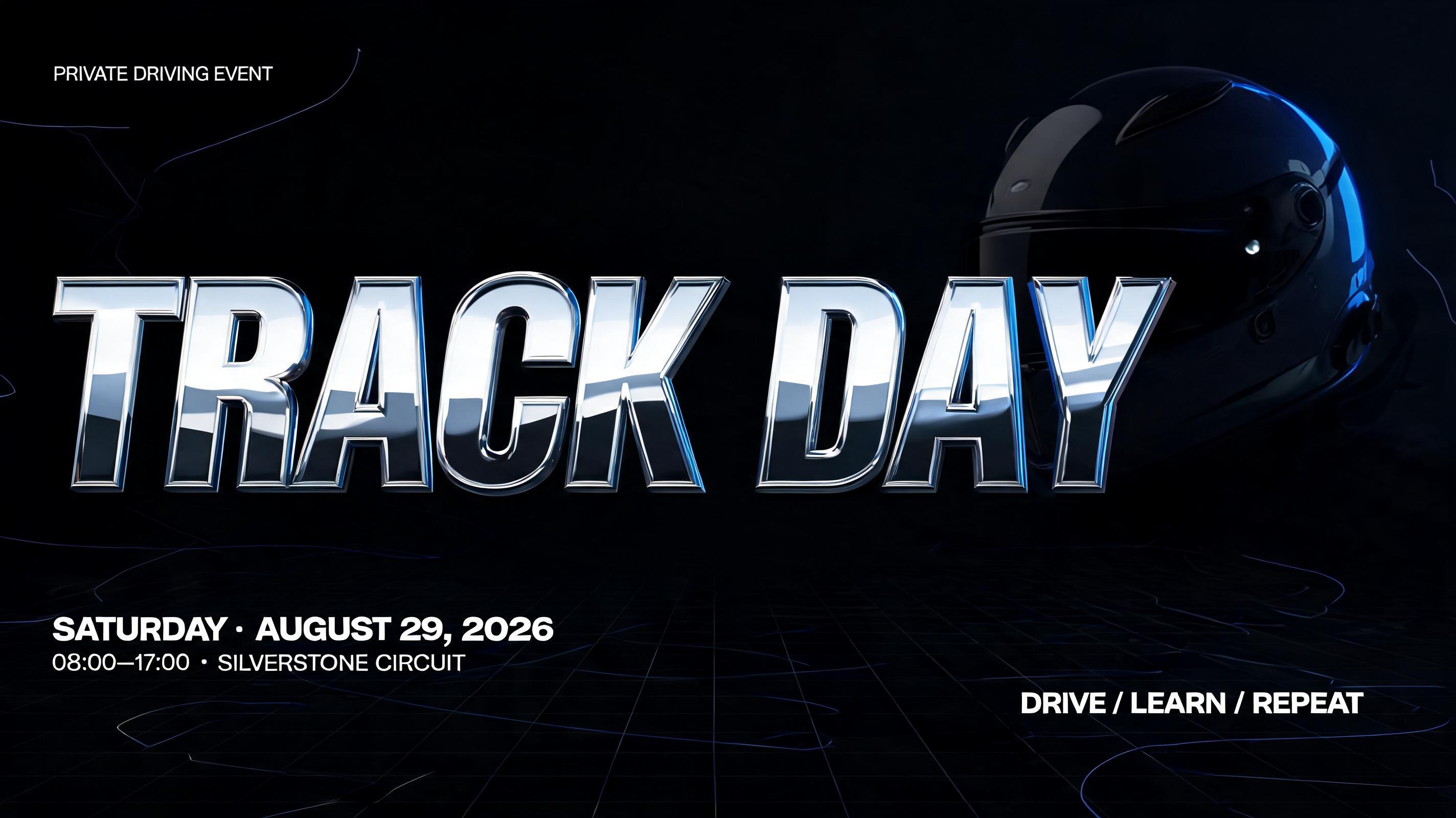 "TRACK DAY
PRIVATE DRIVING EVENT
SATURDAY · AUGUST 29, 2026
08:00–17:00 · SILVERSTONE CIRCUIT
DRIVE / LEARN / REPEAT" — Chrome Metal 3d | AI Text Effect Generator