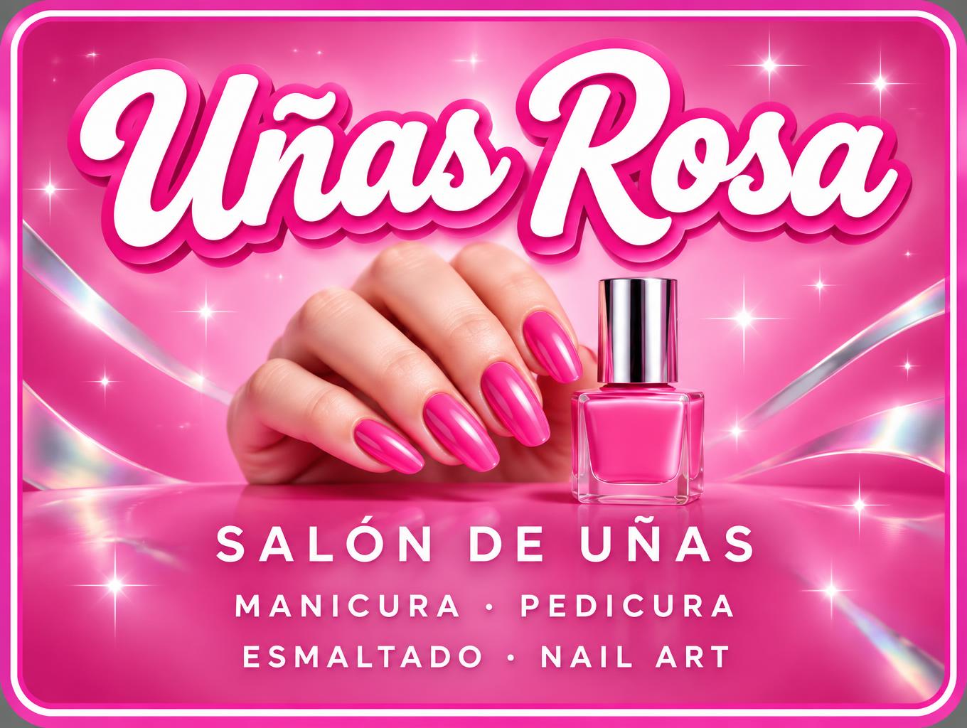 "Uñas Rosa
SALÓN DE UÑAS
MANICURA · PEDICURA
ESMALTADO · NAIL ART" — Barbie | AI Text Effect Generator
