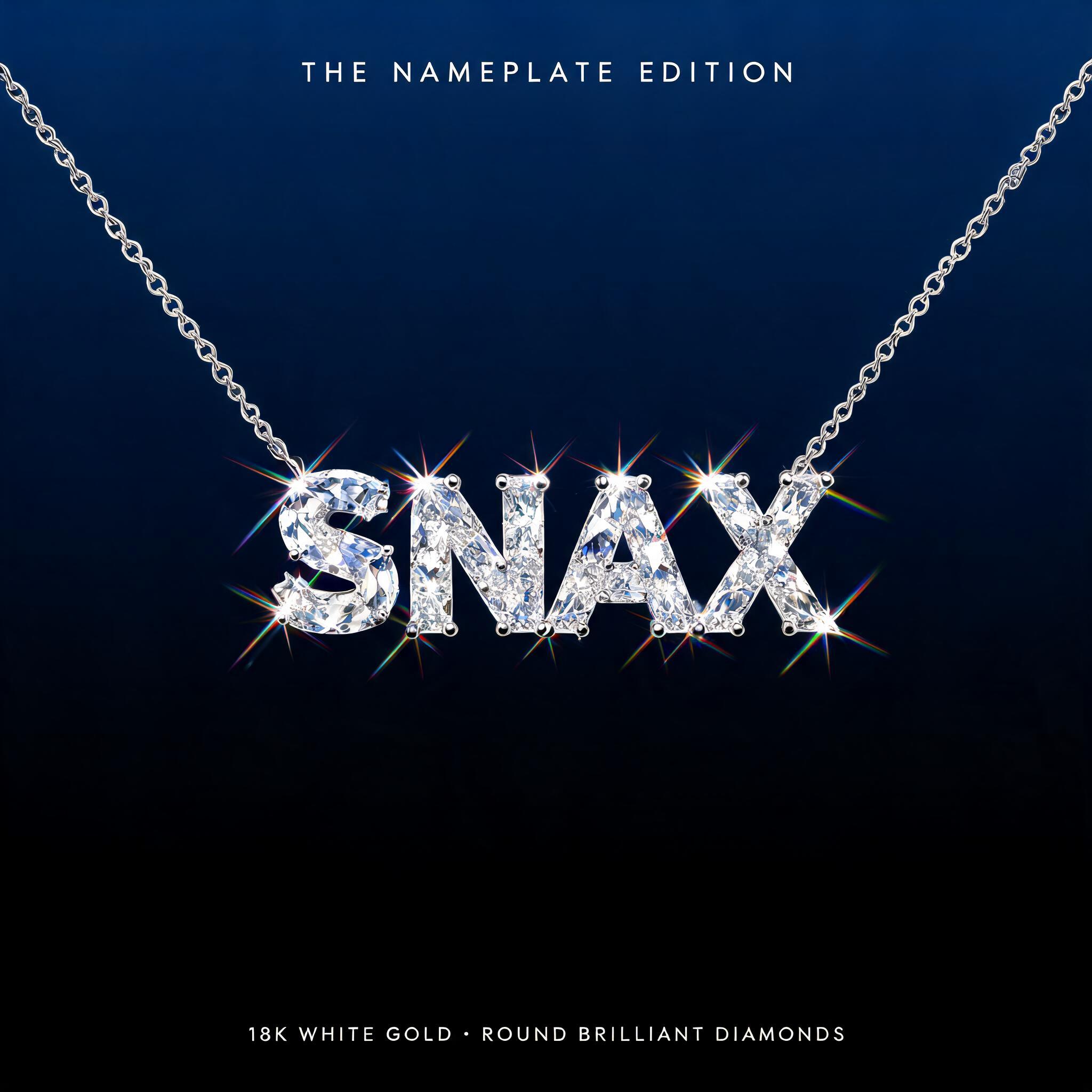 "SNAX
THE NAMEPLATE EDITION
18K WHITE GOLD · ROUND BRILLIANT DIAMONDS" — Glass Crystal | AI Text Effect Generator
