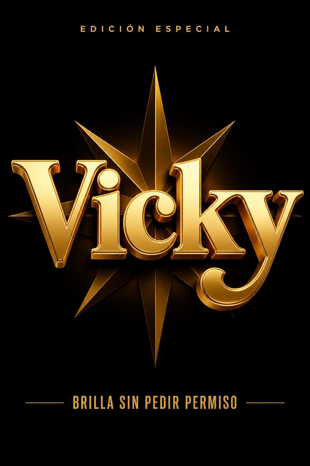 "Vicky
EDICIÓN ESPECIAL
BRILLA SIN PEDIR PERMISO" — 3d Bold Gold | AI Text Effect Generator