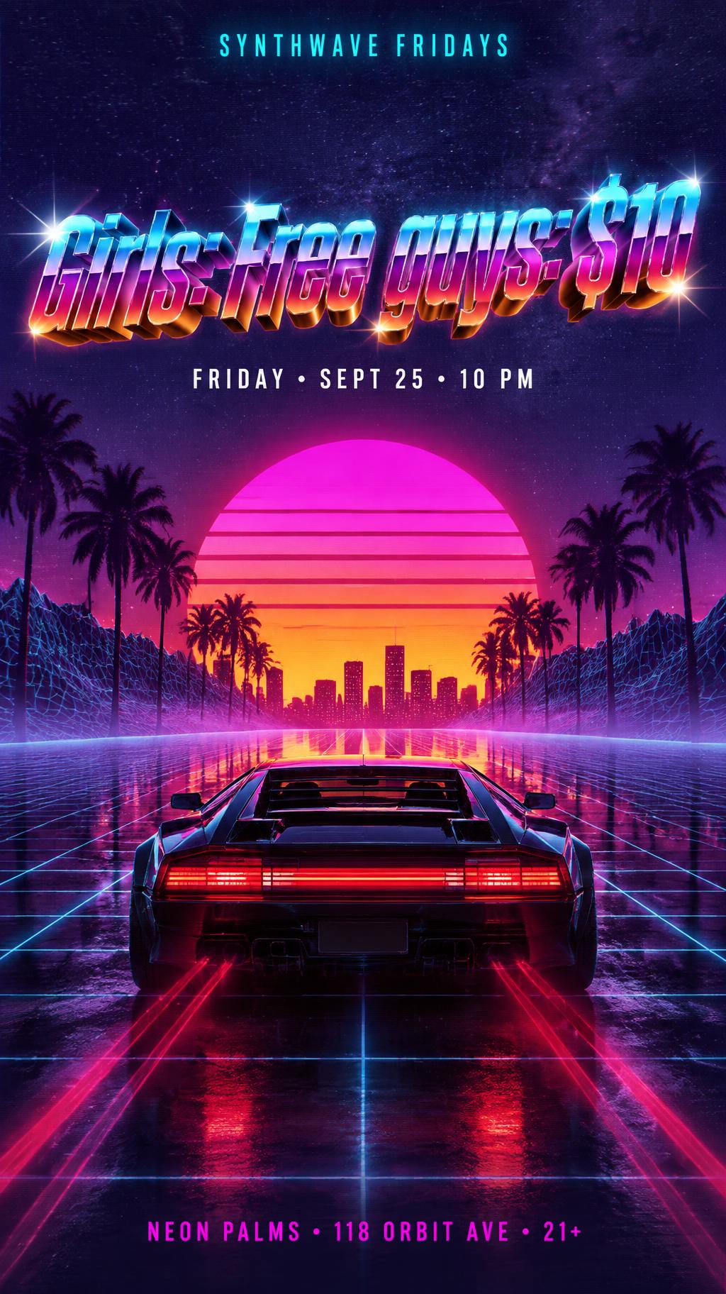 "Girls: Free guys: $10
SYNTHWAVE FRIDAYS
FRIDAY • SEPT 25 • 10 PM
NEON PALMS • 118 ORBIT AVE • 21+" — Synthwave | AI Text Effect Generator