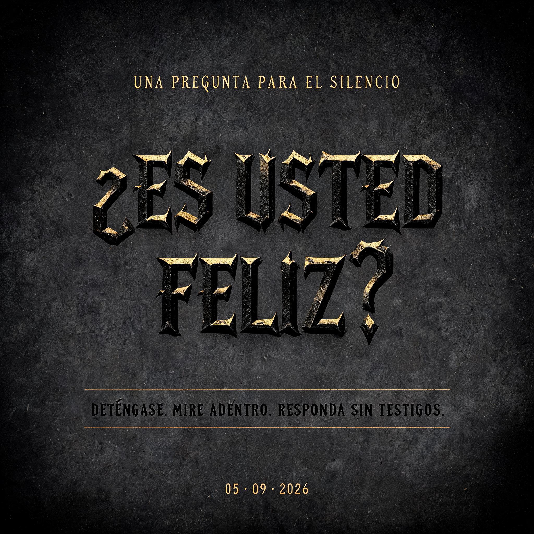 "¿ES USTED
FELIZ?
UNA PREGUNTA PARA EL SILENCIO
DETÉNGASE. MIRE ADENTRO. RESPONDA SIN TESTIGOS.
05 · 09 · 2026" — Gothic Font | AI Text Effect Generator