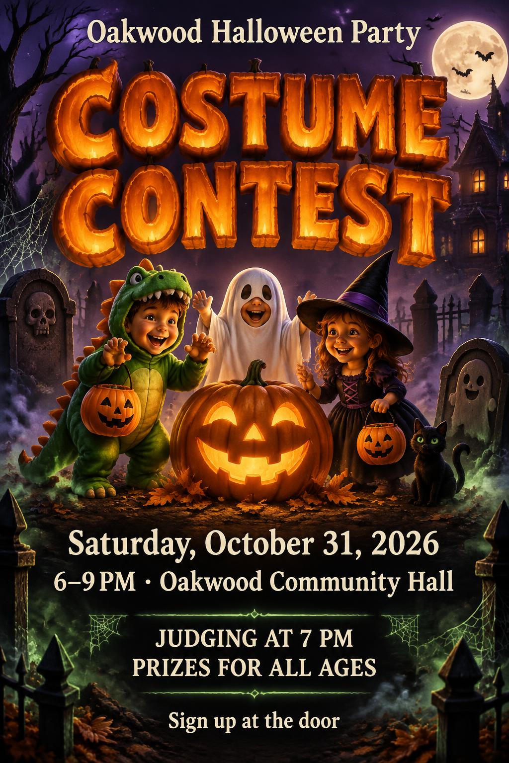 "COSTUME CONTEST
Oakwood Halloween Party
Saturday, October 31, 2026
6–9 PM · Oakwood Community Hall
JUDGING AT 7 PM
PRIZES FOR ALL AGES
Sign up at the door" — Halloween | AI Text Effect Generator