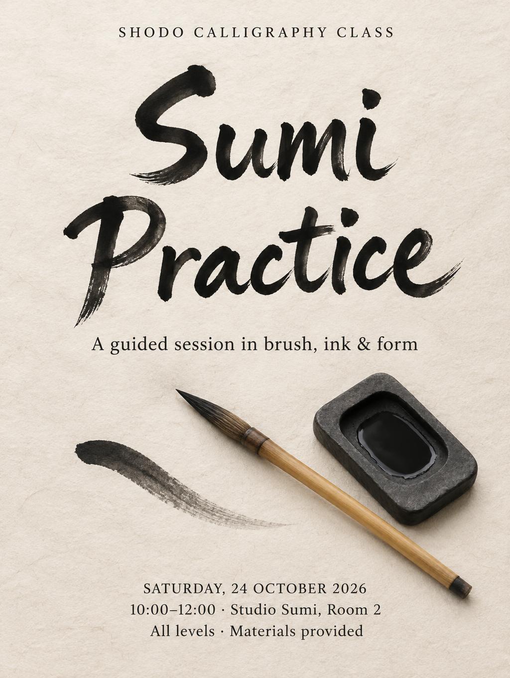 "Sumi Practice
SHODO CALLIGRAPHY CLASS
A guided session in brush, ink & form
SATURDAY, 24 OCTOBER 2026
10:00–12:00 · Studio Sumi, Room 2
All levels · Materials provided" — Brush Japanese Ink | AI Text Effect Generator