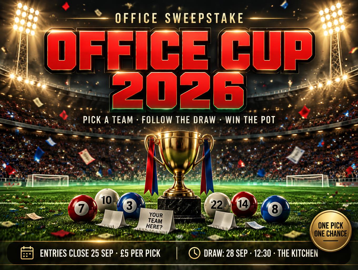"OFFICE CUP
2026
OFFICE SWEEPSTAKE
PICK A TEAM · FOLLOW THE DRAW · WIN THE POT
ENTRIES CLOSE 25 SEP · £5 PER PICK
DRAW: 28 SEP · 12:30 · THE KITCHEN
ONE PICK / ONE CHANCE" — Sports Football | AI Text Effect Generator