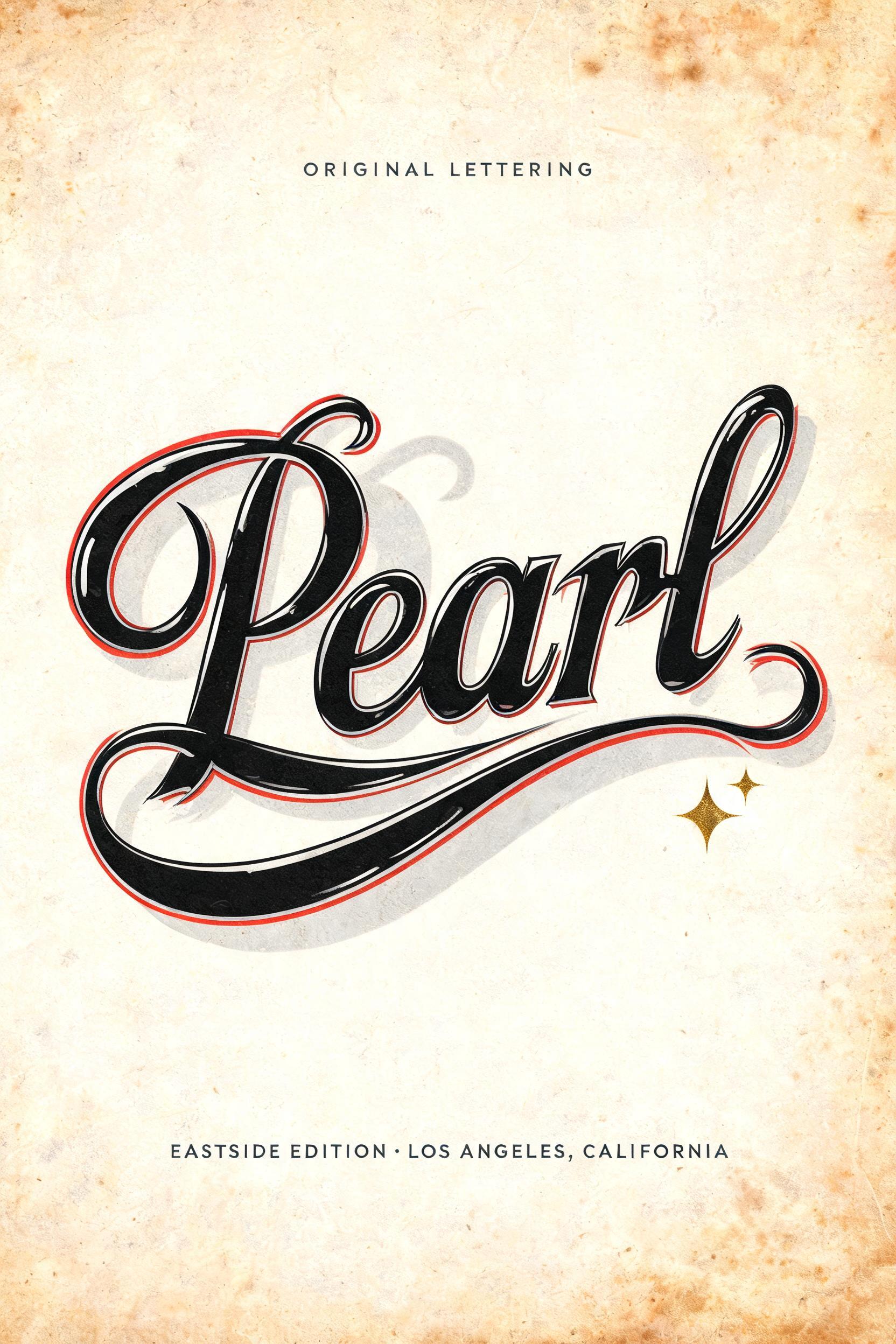 "Pearl
ORIGINAL LETTERING
EASTSIDE EDITION · LOS ANGELES, CALIFORNIA" — Chicano text effect