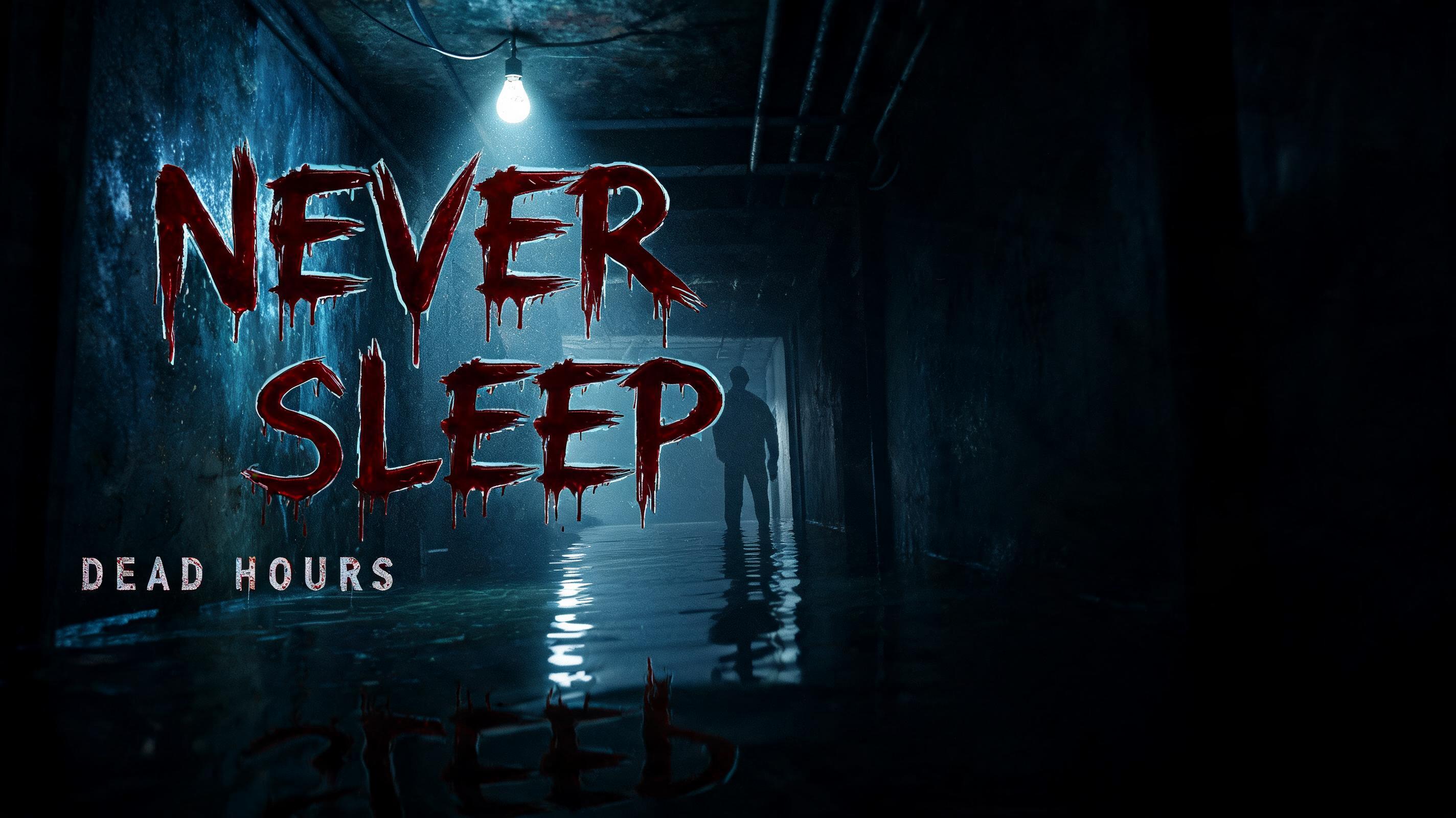 "Create a thumbnail that says NEVER SLEEP for my horror channel Dead Hours" — Cinematic Horror text effect