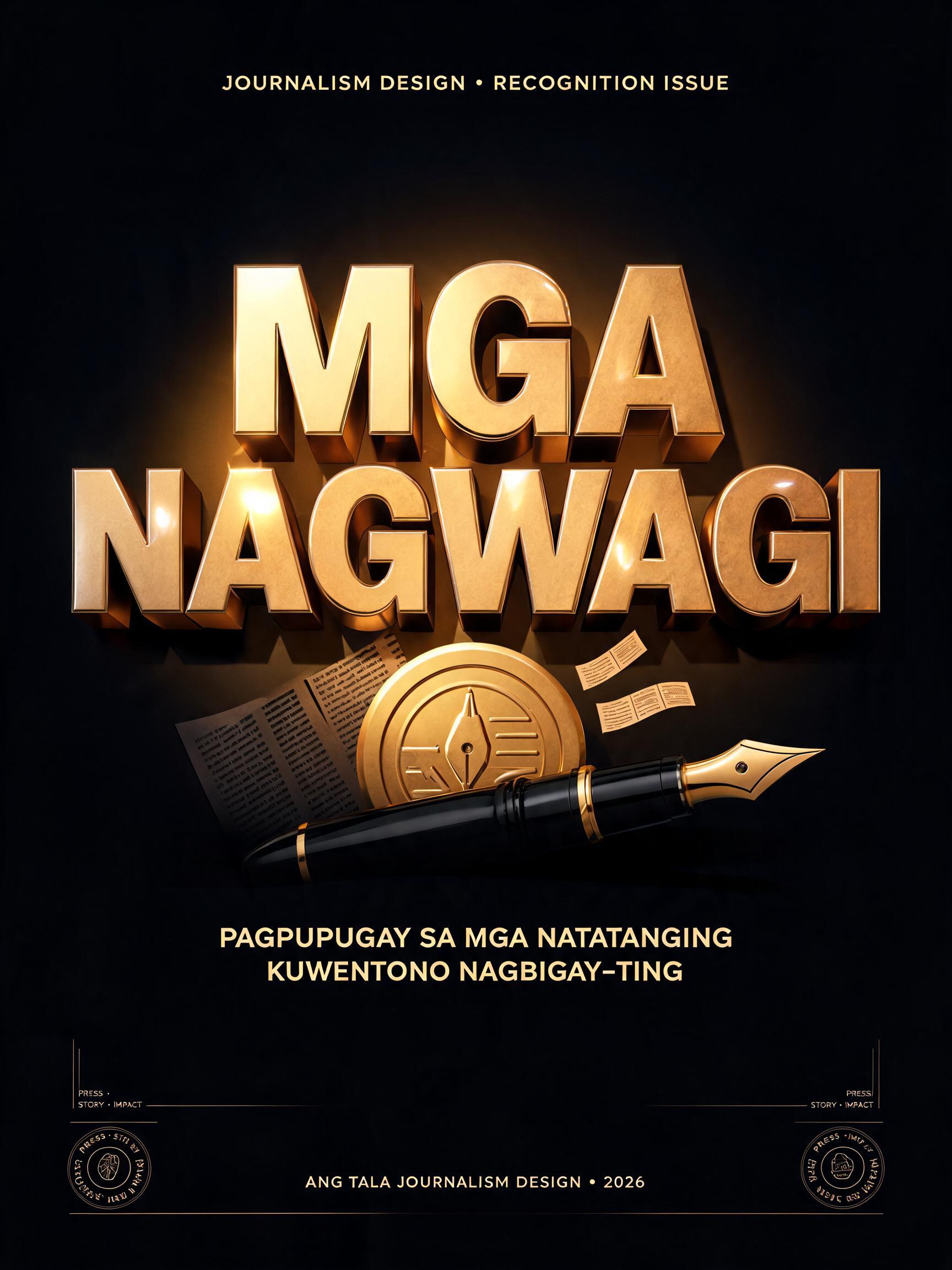 "MGA NAGWAGI
JOURNALISM DESIGN • RECOGNITION ISSUE
PAGPUPUGAY SA MGA NATATANGING KUWENTONG NAGBIGAY-TINIG
ANG TALA JOURNALISM DESIGN • 2026
PRESS • STORY • IMPACT" — 3d Bold Gold | AI Text Effect Generator