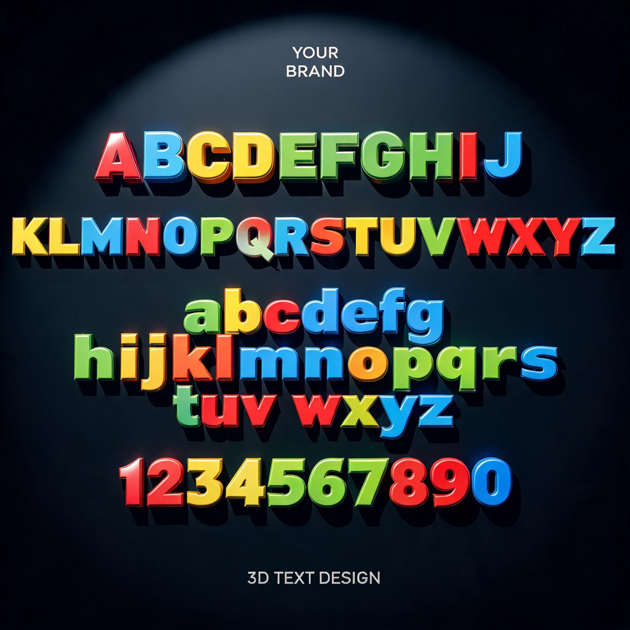 "ABCDEFGHIJ KLMNOPQRSTUVWXYZ abcdefg hijklmnopqrs tuv wxyz 1234567890" — 3d Bold | AI Text Effect Generator