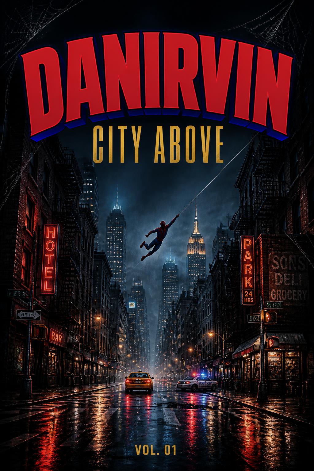 "DANIRVIN
CITY ABOVE
VOL. 01" — Spider Hero | AI Text Effect Generator