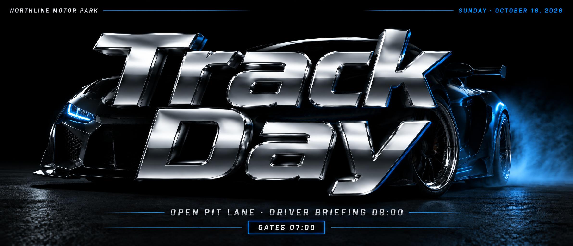 "Track Day
NORTHLINE MOTOR PARK
SUNDAY · OCTOBER 18, 2026
OPEN PIT LANE · DRIVER BRIEFING 08:00
GATES 07:00" — Chrome Metal 3d | AI Text Effect Generator