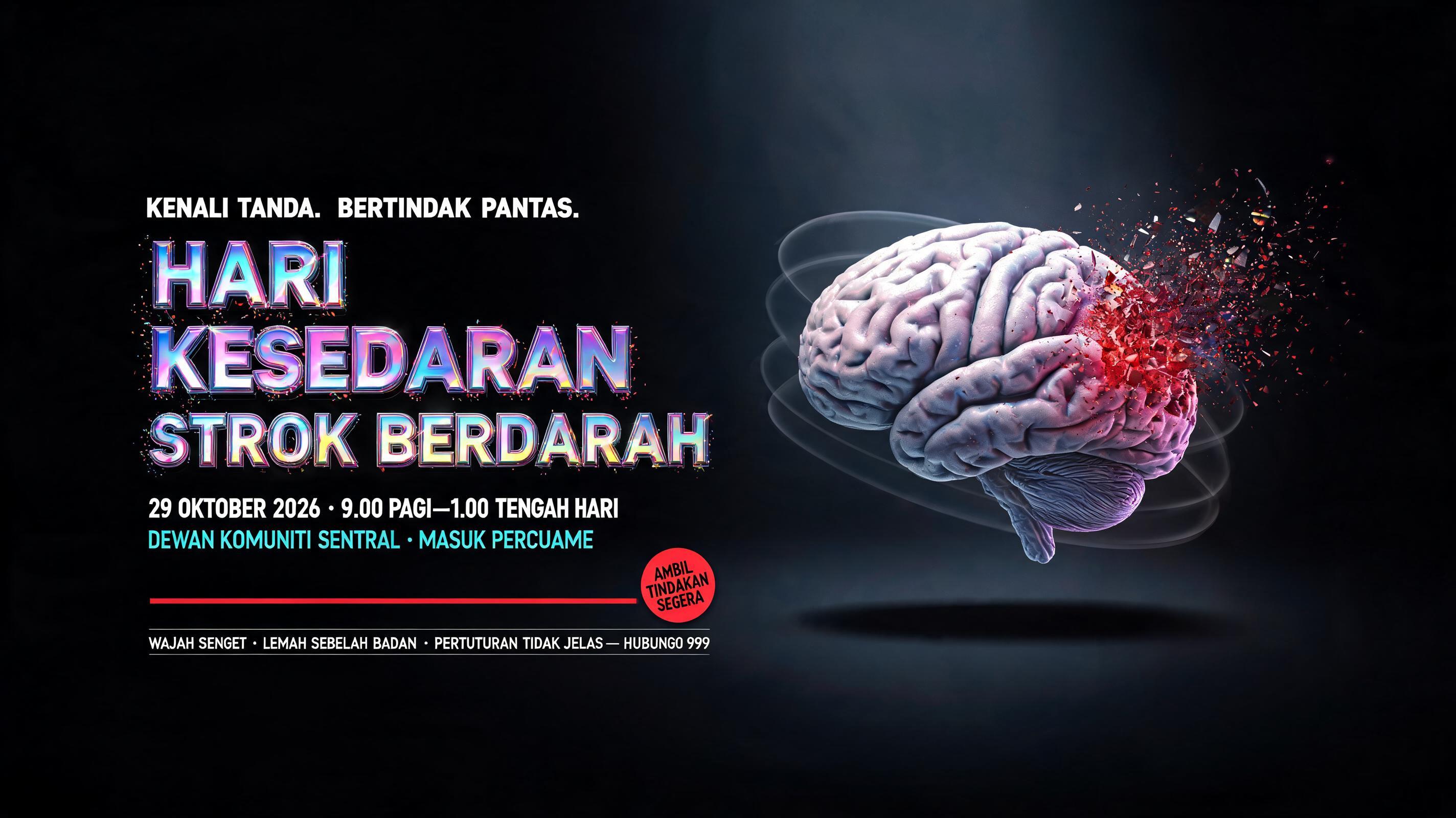 HARI KESEDARAN
STROK BERDARAH
KENALI TANDA. BERTINDAK PANTAS.
29 OKTOBER 2026 · 9.00 PAGI–1.00 TENGAH HARI
DEWAN KOMUNITI SENTRAL · MASUK PERCUMA
WAJAH SENGET · LEMAH SEBELAH BADAN · PERTUTURAN TIDAK JELAS — HUBUNGI 999
AMBIL TINDAKAN SEGERA