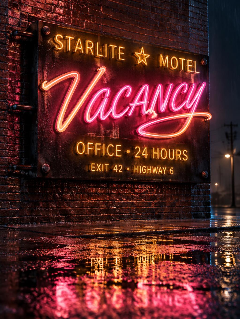 "VACANCY
STARLITE MOTEL
OFFICE • 24 HOURS
EXIT 42 • HIGHWAY 6" — Neon Sign text effect