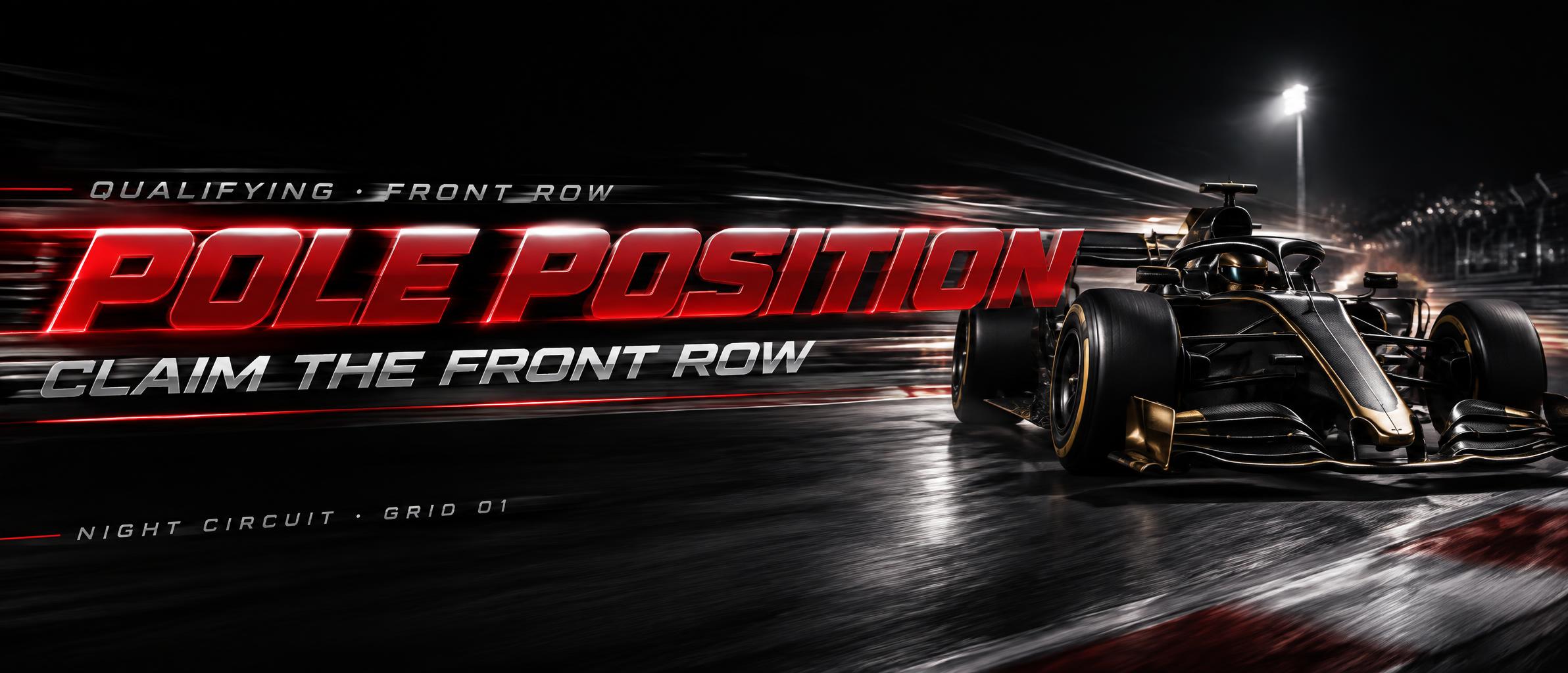 "POLE POSITION
CLAIM THE FRONT ROW
QUALIFYING • FRONT ROW
NIGHT CIRCUIT · GRID 01" — Racing | AI Text Effect Generator
