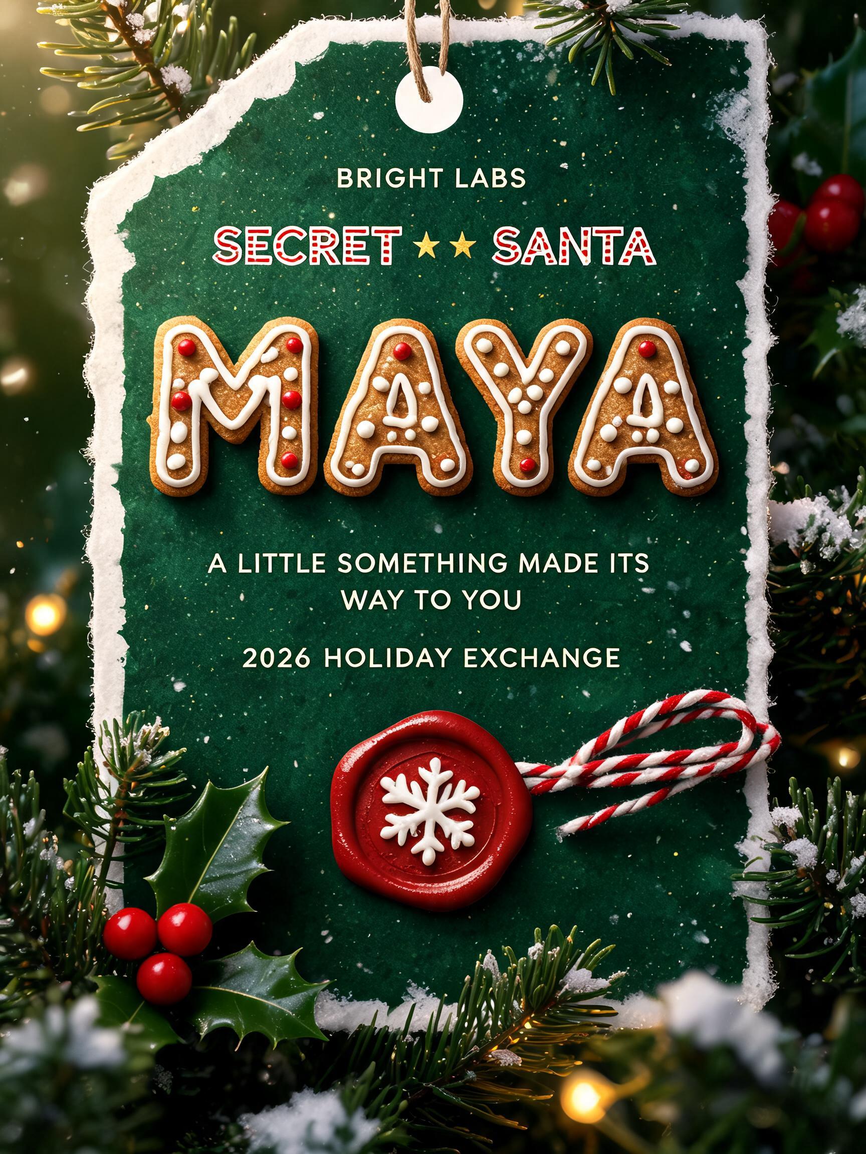 "MAYA
BRIGHT LABS
SECRET SANTA
A LITTLE SOMETHING MADE ITS WAY TO YOU
2026 HOLIDAY EXCHANGE" — Christmas text effect