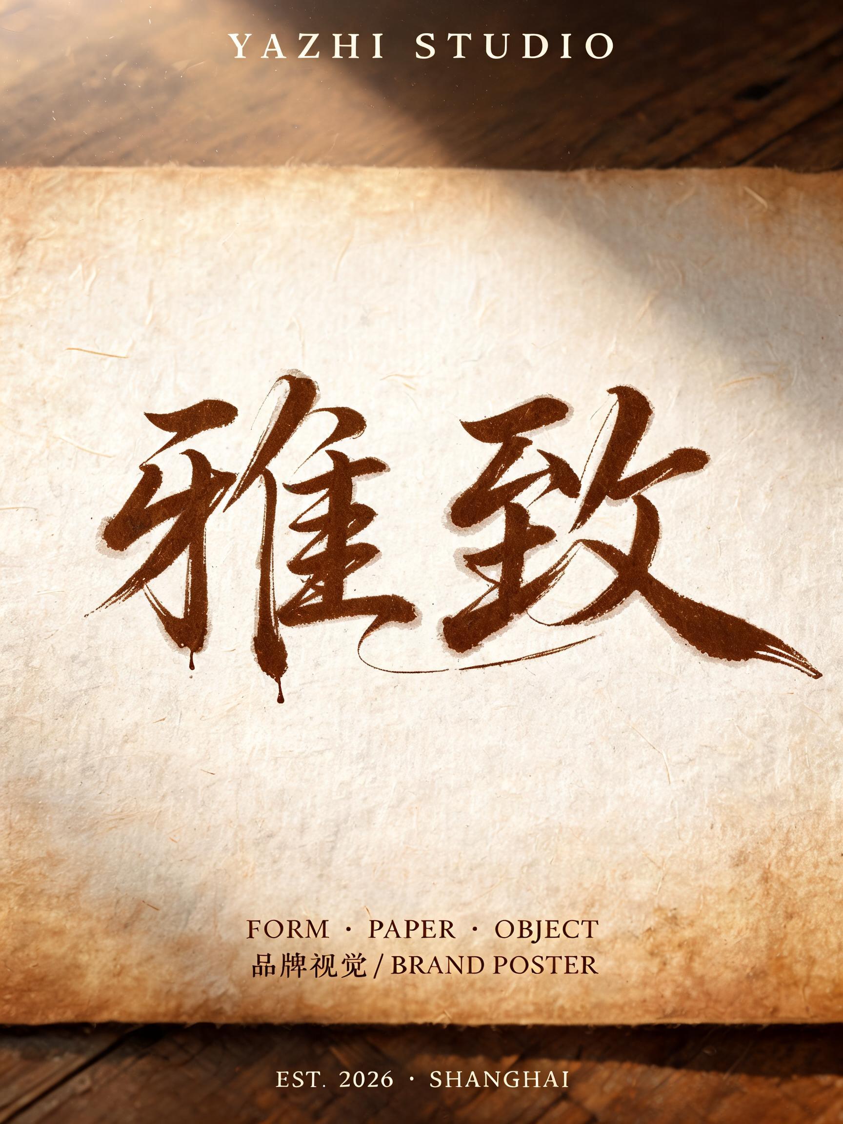 "雅致
YAZHI STUDIO
FORM · PAPER · OBJECT
品牌视觉 / BRAND POSTER
EST. 2026 · SHANGHAI" — Handwritten Script | AI Text Effect Generator