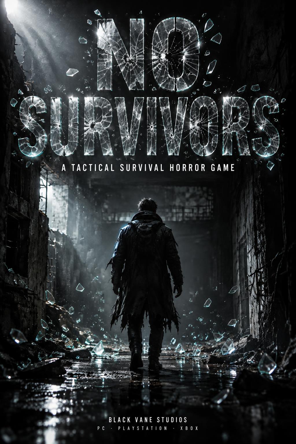 "NO
SURVIVORS
A TACTICAL SURVIVAL HORROR GAME
BLACK VANE STUDIOS
PC · PLAYSTATION · XBOX" — Glass Broken | AI Text Effect Generator