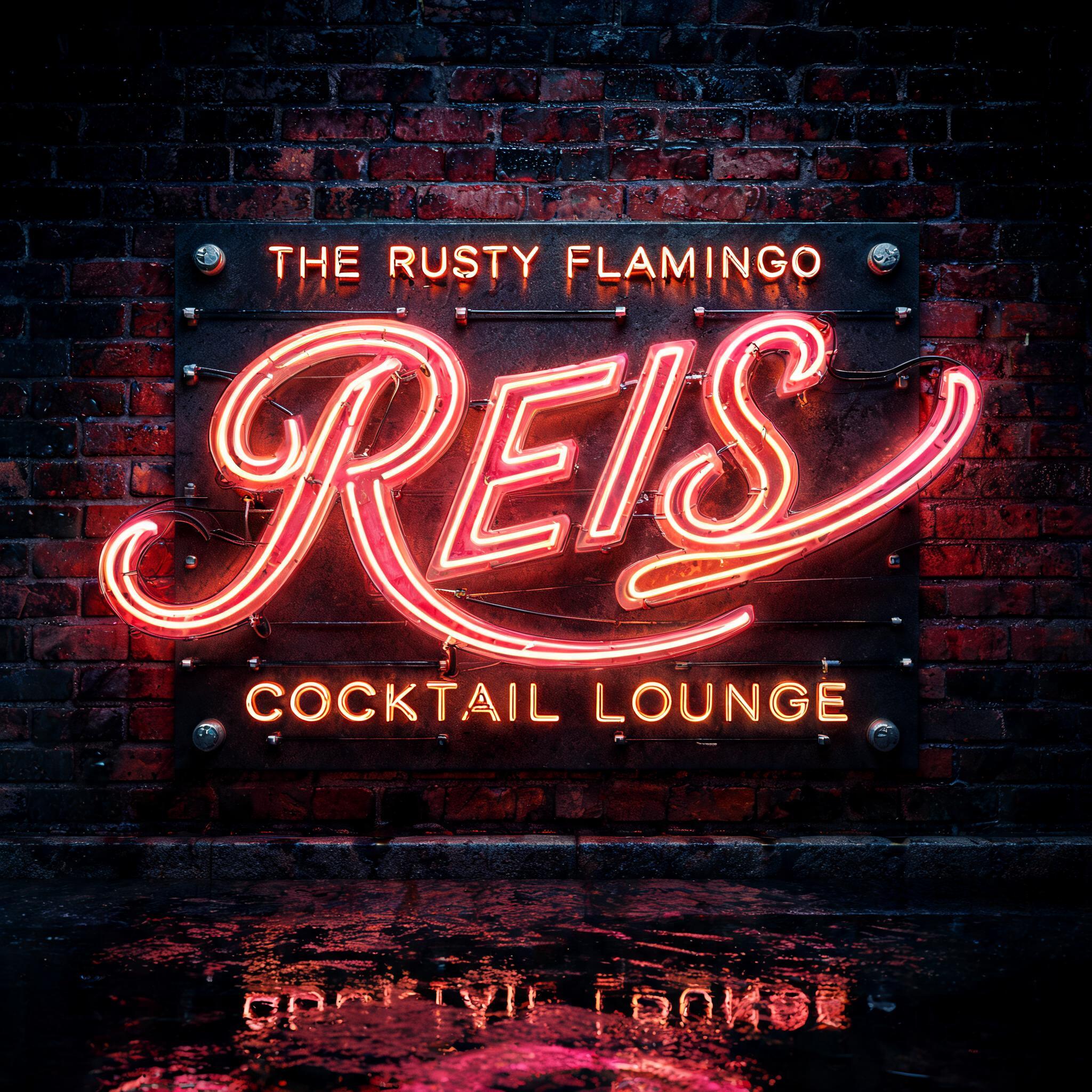 "REIS
THE RUSTY FLAMINGO
COCKTAIL LOUNGE" — Neon Sign text effect