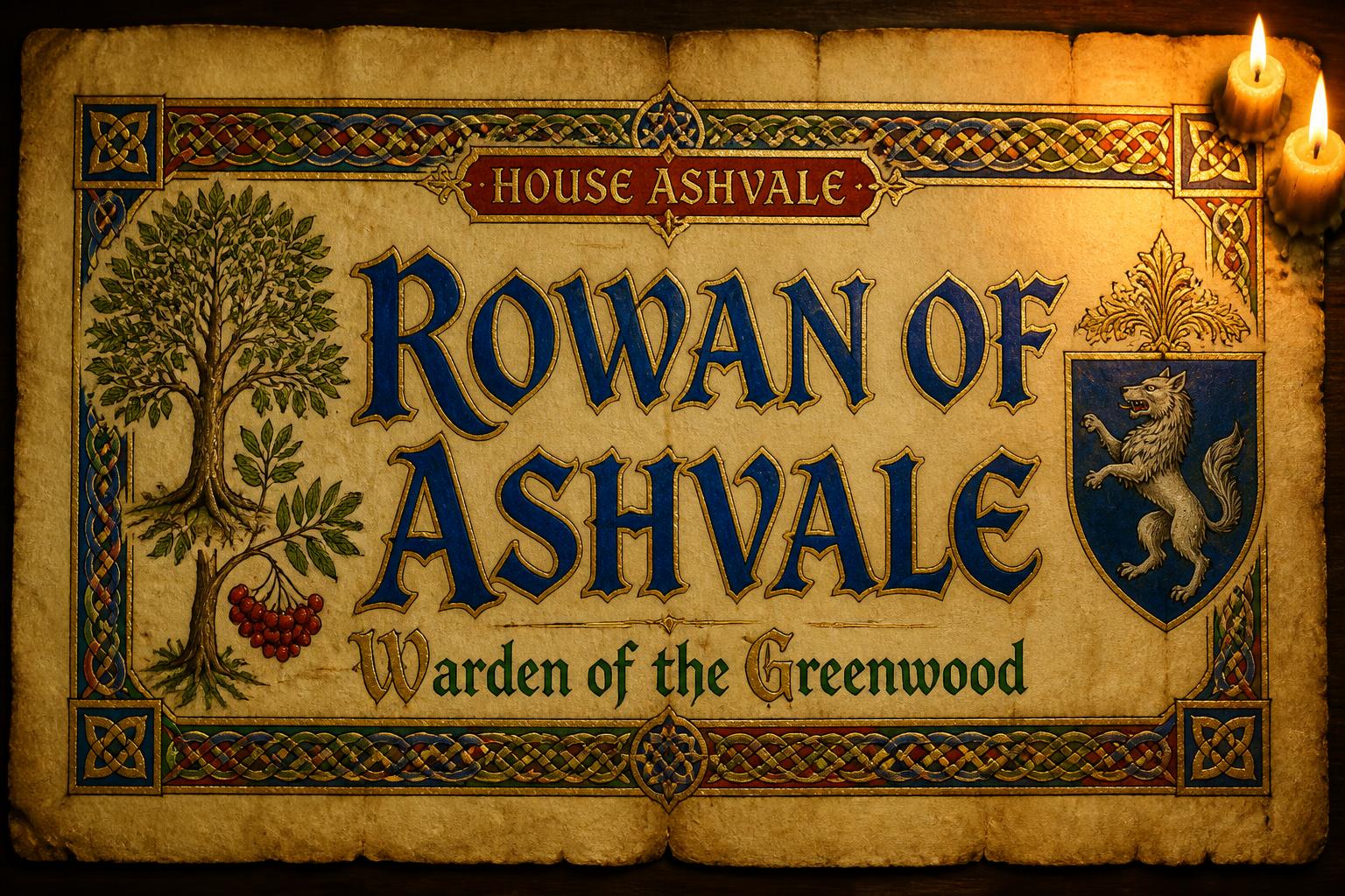 "ROWAN OF ASHVALE
HOUSE ASHVALE
Warden of the Greenwood" — Medieval | AI Text Effect Generator