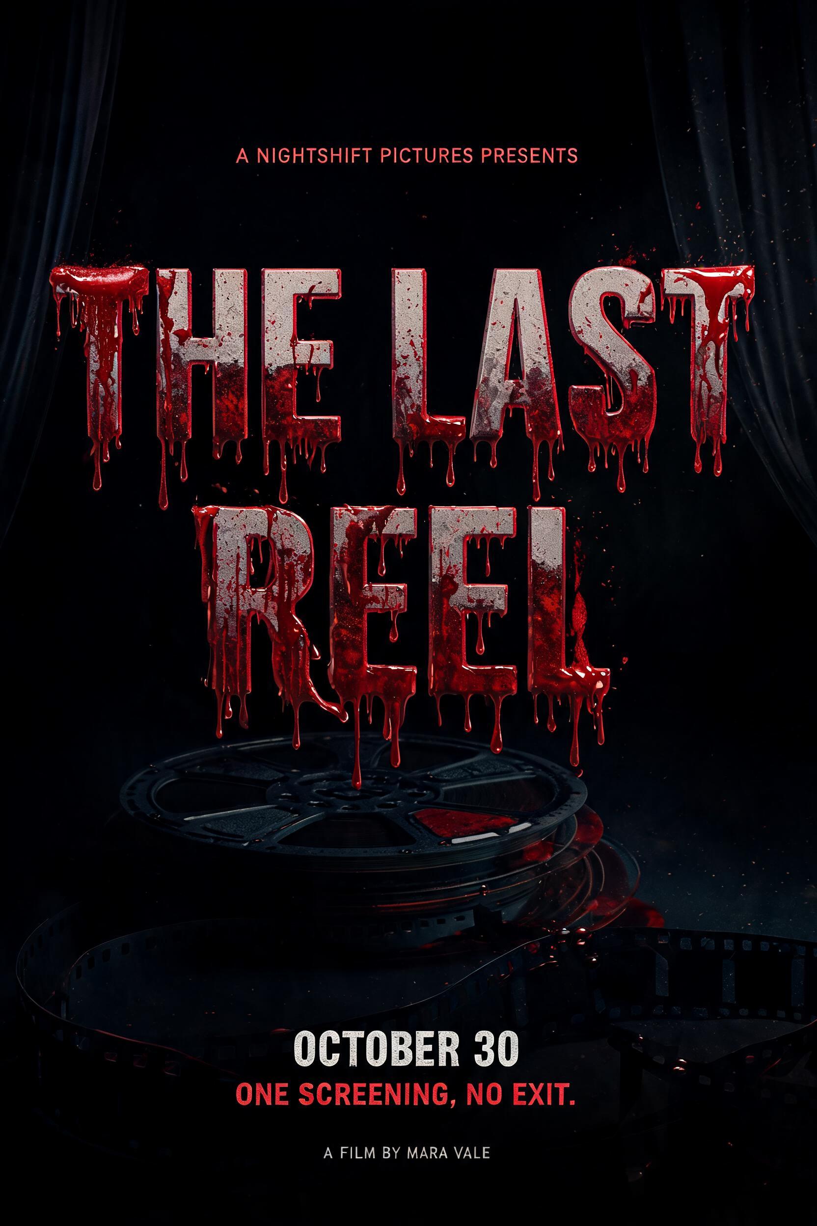 "THE LAST REEL
A NIGHTSHIFT PICTURES PRESENTS
OCTOBER 30
ONE SCREENING. NO EXIT.
A FILM BY MARA VALE" — Drip Font Blood | AI Text Effect Generator