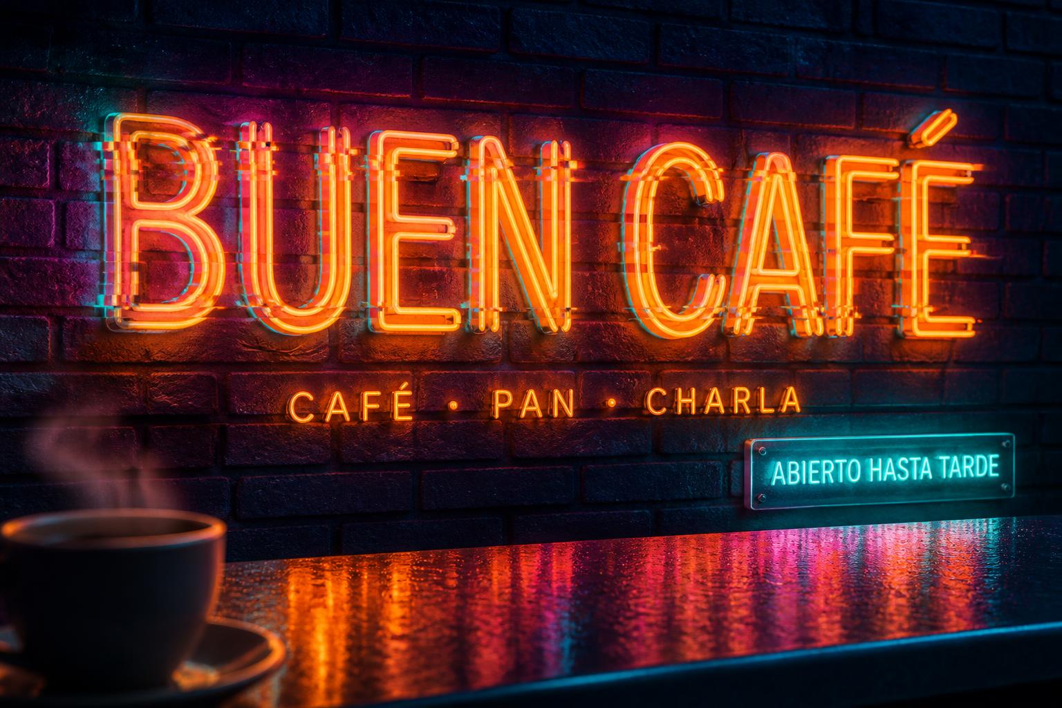"BUEN CAFÉ
CAFÉ · PAN · CHARLA
ABIERTO HASTA TARDE" — Neon Glow | AI Text Effect Generator