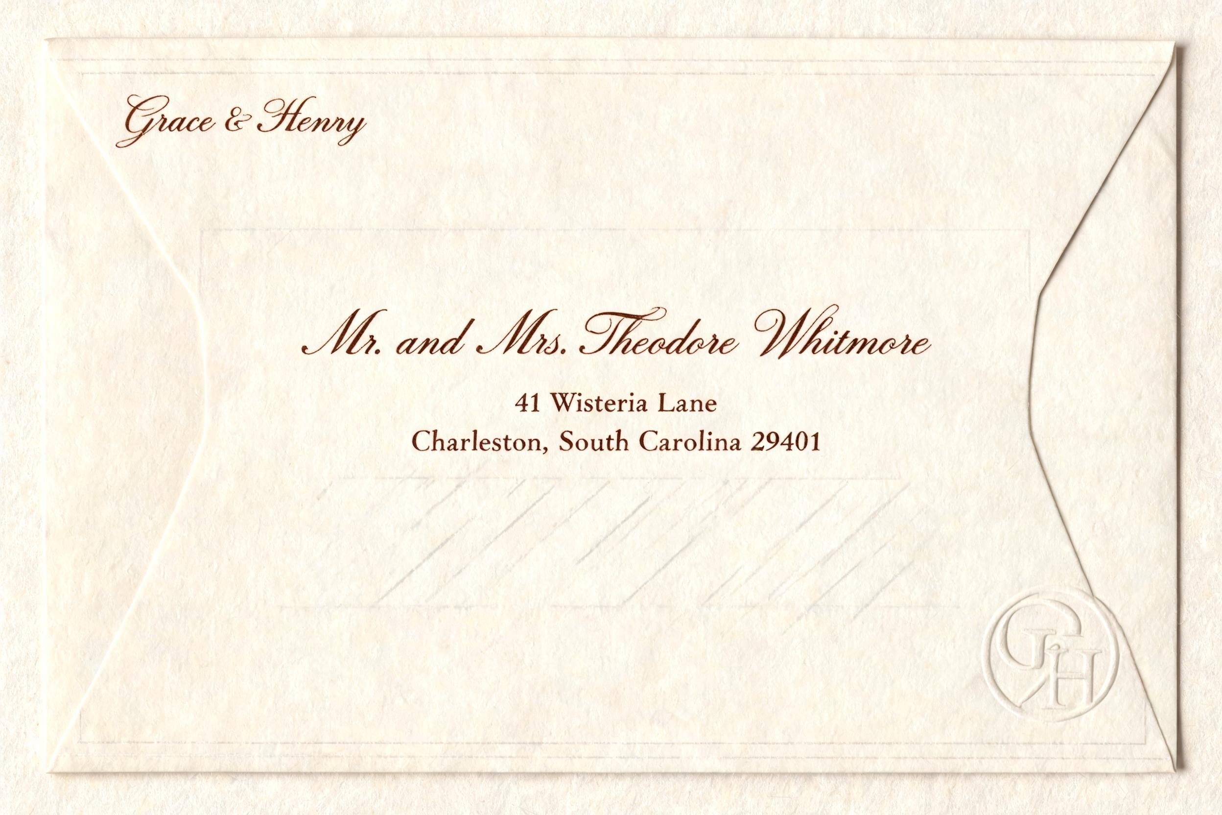 "Mr. and Mrs. Theodore Whitmore
41 Wisteria Lane
Charleston, South Carolina 29401
Grace & Henry
G H" — Cursive Calligraphy | AI Text Effect Generator
