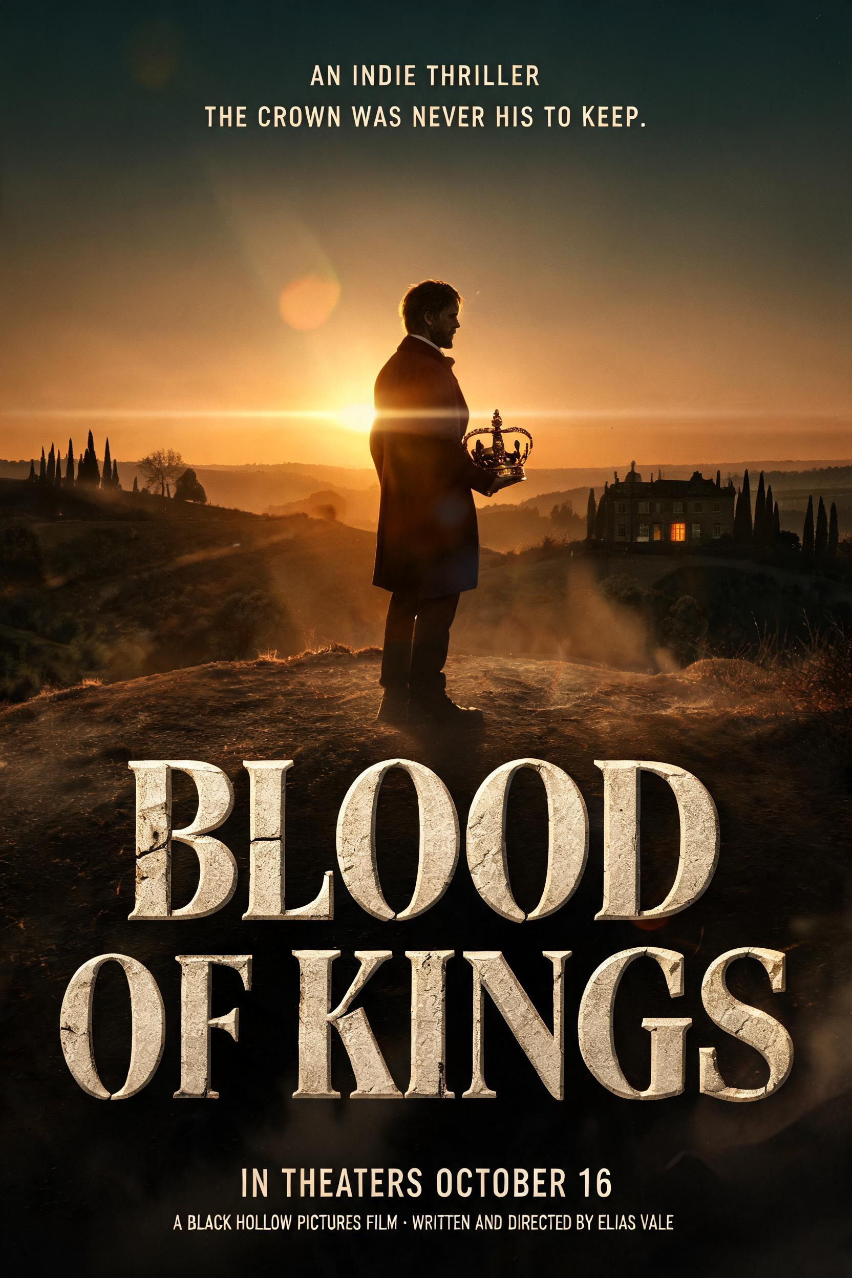 "AN INDIE THRILLER
THE CROWN WAS NEVER HIS TO KEEP.
BLOOD
OF KINGS
IN THEATERS OCTOBER 16
A BLACK HOLLOW PICTURES FILM · WRITTEN AND DIRECTED BY ELIAS VALE" — Cinematic | AI Text Effect Generator
