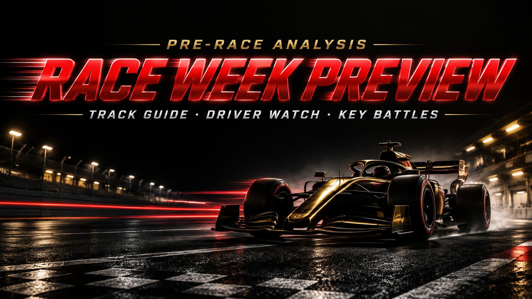 "RACE WEEK PREVIEW
TRACK GUIDE · DRIVER WATCH · KEY BATTLES
PRE-RACE ANALYSIS" — Racing text effect