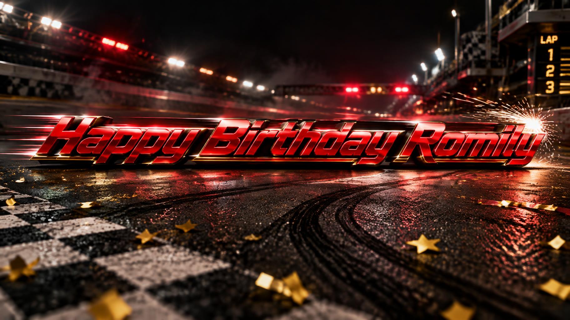 "Happy Birthday Romily" — Racing | AI Text Effect Generator
