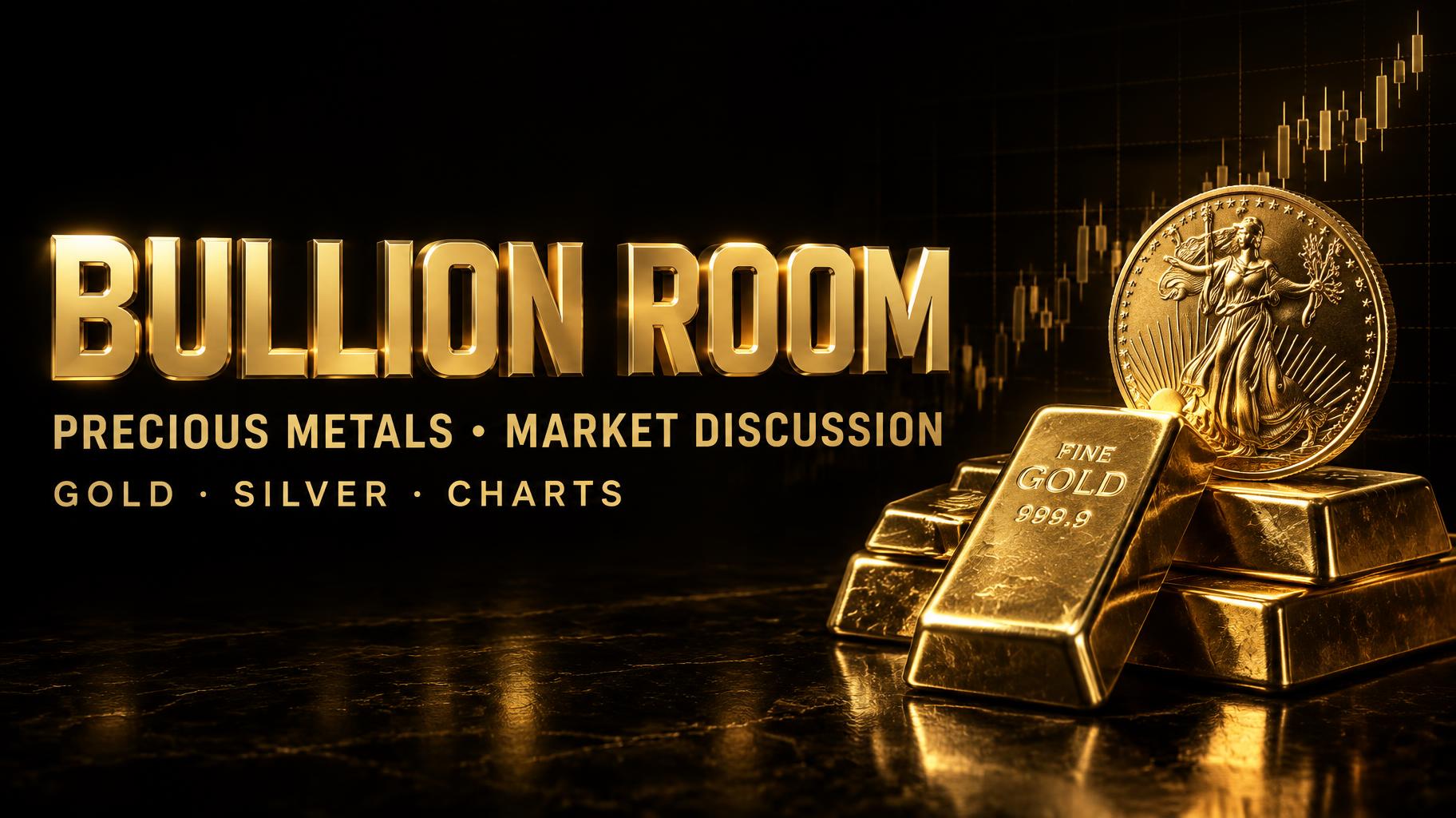 "BULLION ROOM
PRECIOUS METALS • MARKET DISCUSSION
GOLD · SILVER · CHARTS" — 3d Bold Gold | AI Text Effect Generator