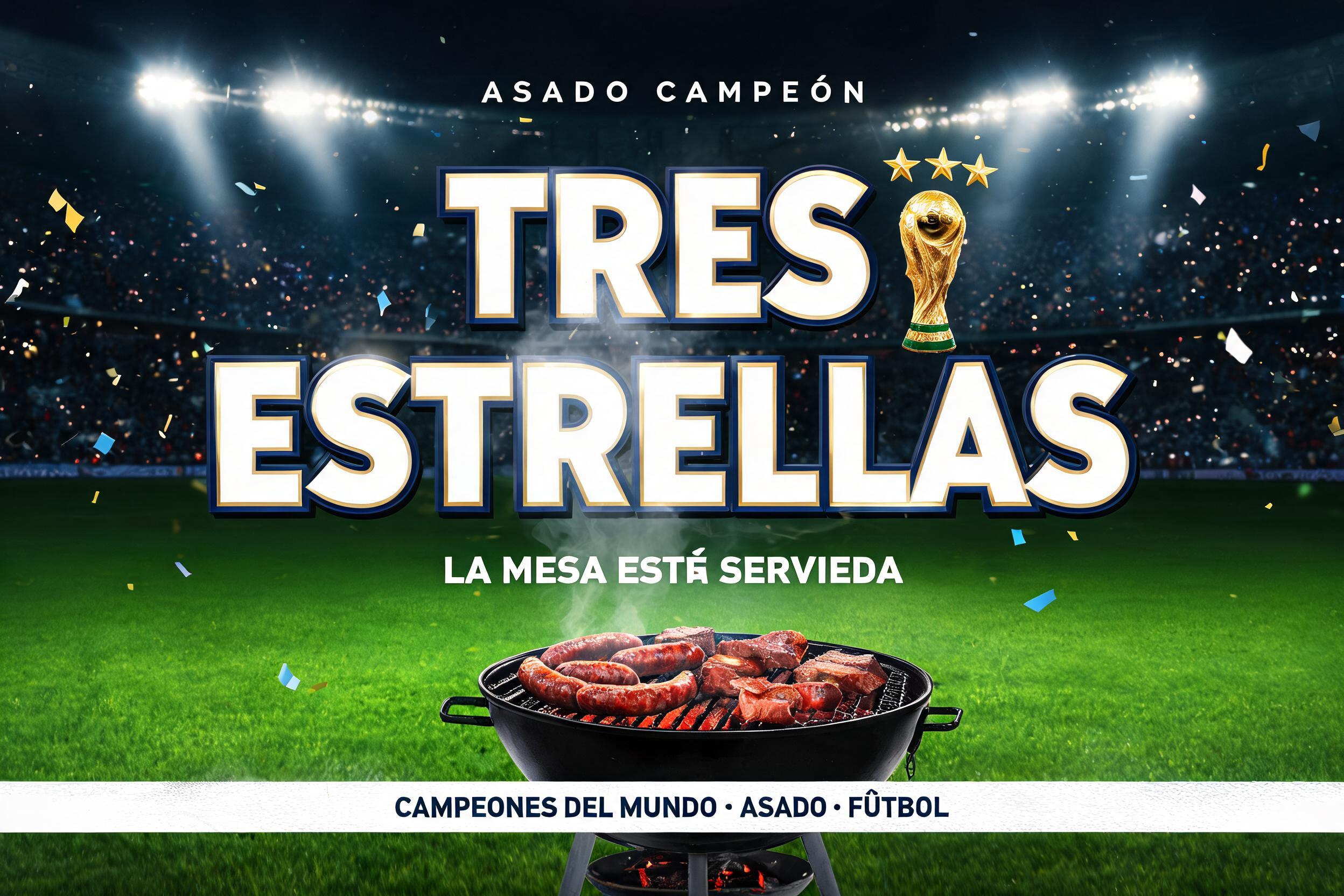 "TRES
ESTRELLAS
ASADO CAMPEÓN
LA MESA ESTÁ SERVIDA
CAMPEONES DEL MUNDO · ASADO · FÚTBOL" — Sports Football | AI Text Effect Generator