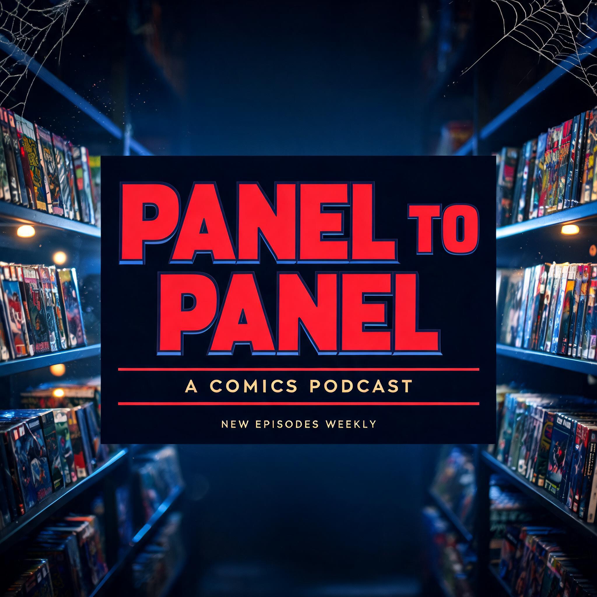 "Create a podcast cover for Panel to Panel set against comic store shelves with dramatic hero lighting" — Spider Hero | AI Text Effect Generator