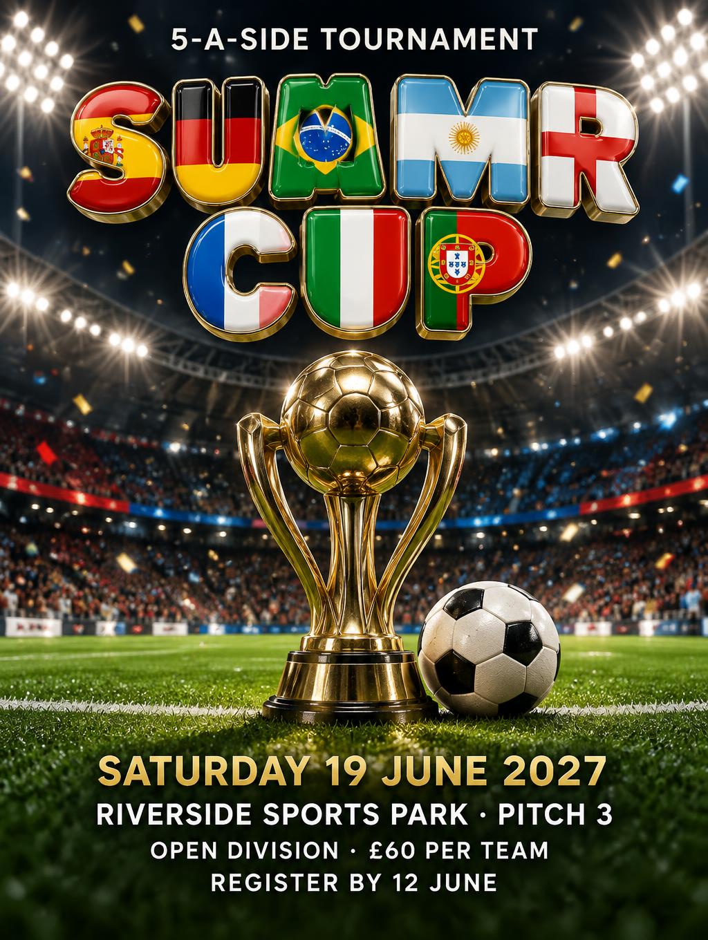 "SUMMER CUP
5-A-SIDE TOURNAMENT
SATURDAY 19 JUNE 2027
RIVERSIDE SPORTS PARK · PITCH 3
OPEN DIVISION · £60 PER TEAM
REGISTER BY 12 JUNE" — Sports Football | AI Text Effect Generator