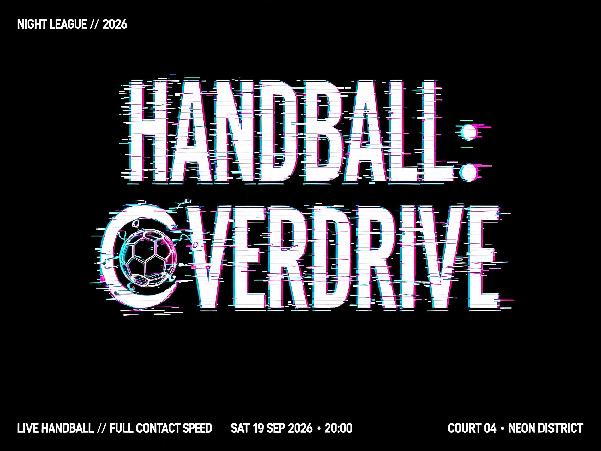 "NIGHT LEAGUE // 2026
HANDBALL:
OVERDRIVE
LIVE HANDBALL // FULL CONTACT SPEED
SAT 19 SEP 2026 · 20:00
COURT 04 · NEON DISTRICT" — Cyberpunk | AI Text Effect Generator