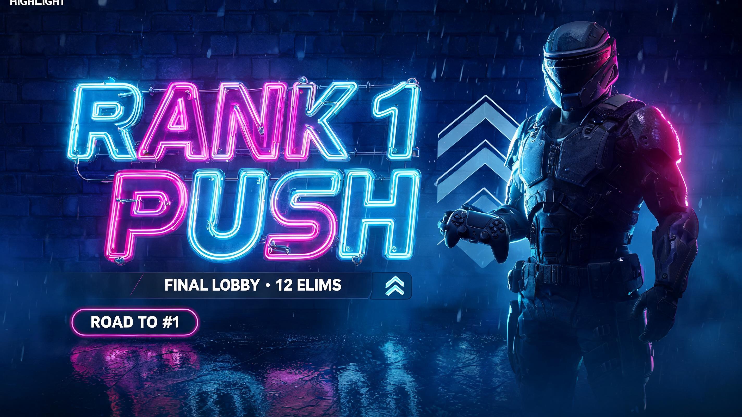 "RANK 1
PUSH
LIVE HIGHLIGHT
FINAL LOBBY • 12 ELIMS
ROAD TO #1" — Neon Glow | AI Text Effect Generator