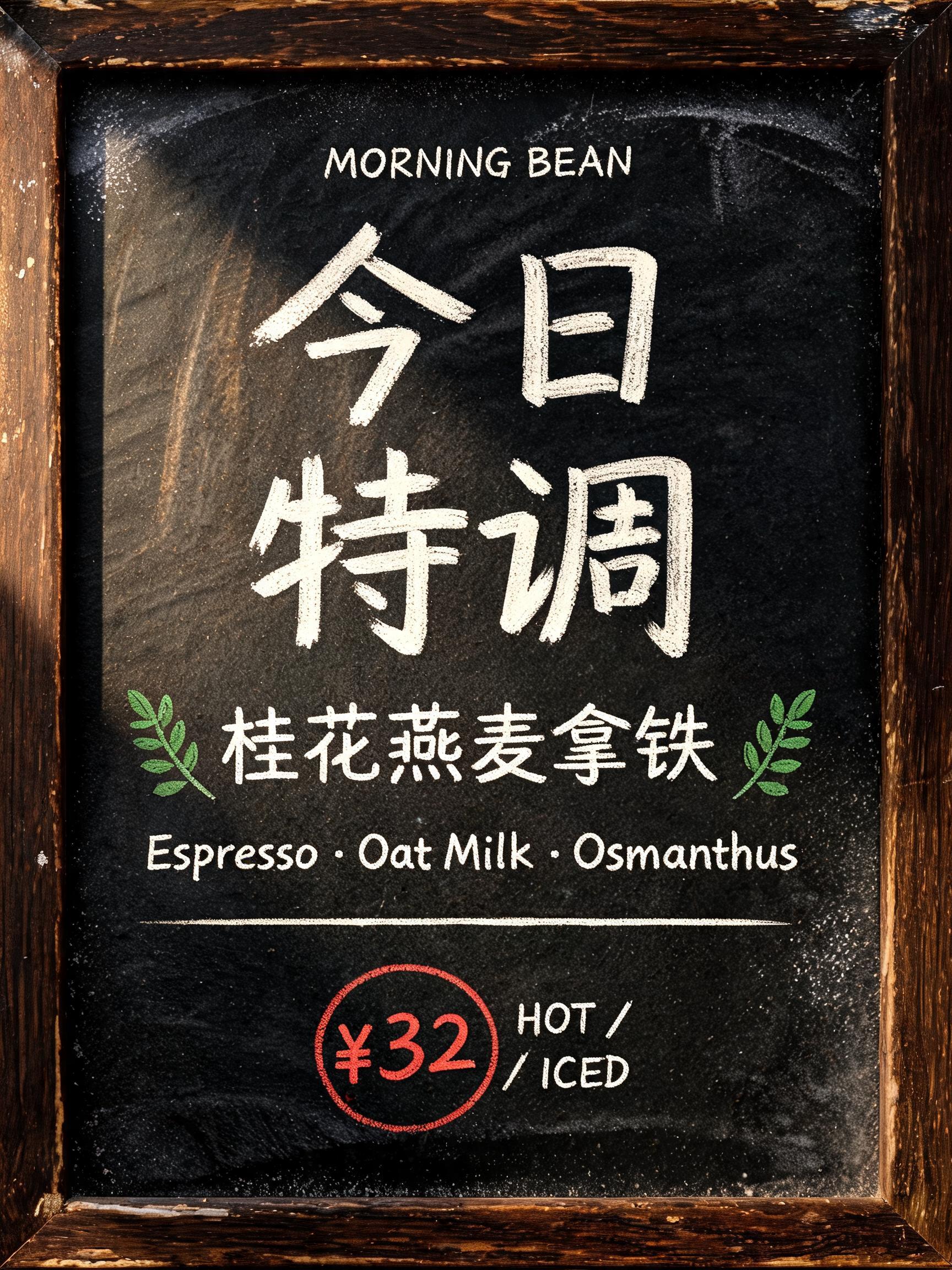 "今日
特调
MORNING BEAN
桂花燕麦拿铁
Espresso · Oat Milk · Osmanthus
¥32
HOT / ICED" — Vintage | AI Text Effect Generator
