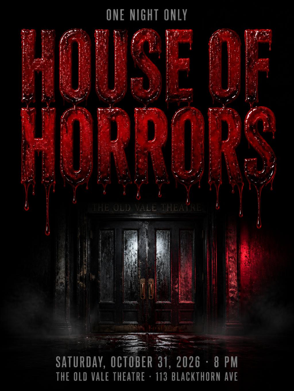 "HOUSE OF
HORRORS
ONE NIGHT ONLY
SATURDAY, OCTOBER 31, 2026 · 8 PM
THE OLD VALE THEATRE · 113 BLACKTHORN AVE" — Drip Font Blood | AI Text Effect Generator