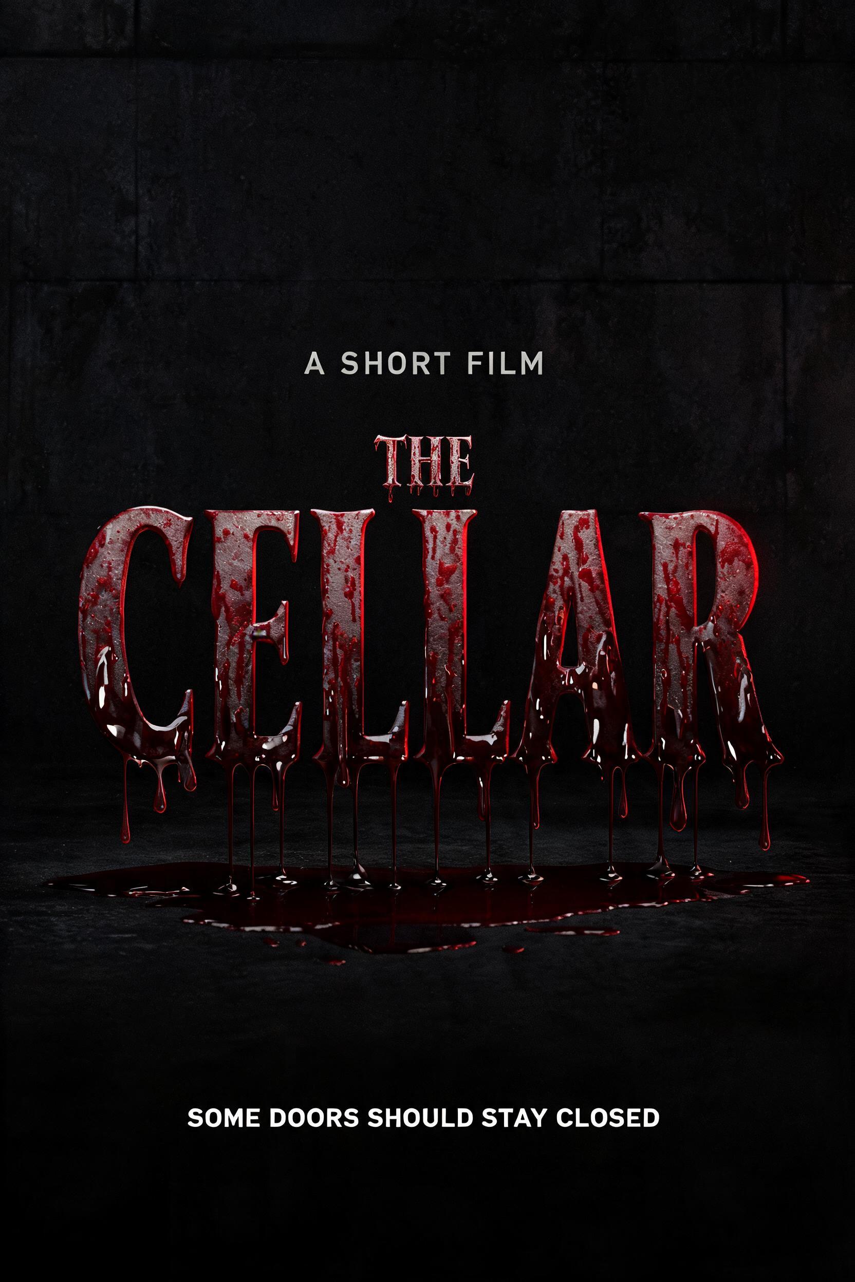 "THE CELLAR
A SHORT FILM
SOME DOORS SHOULD STAY CLOSED
WRITTEN AND DIRECTED BY MARA VALE · OCTOBER 2026" — Drip Font Blood | AI Text Effect Generator