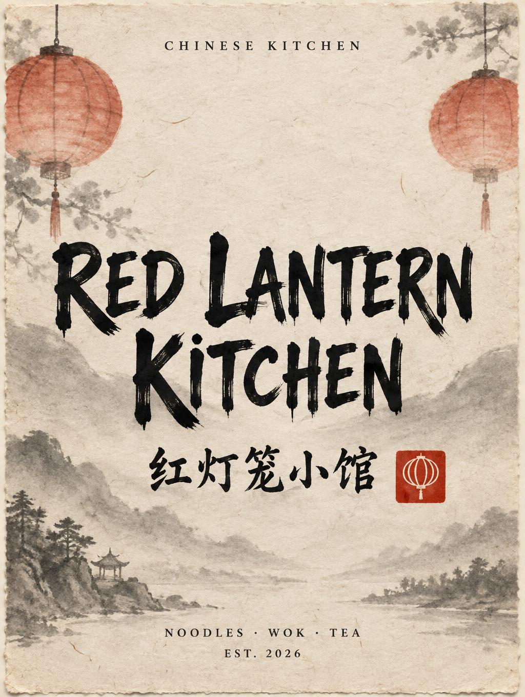 "RED LANTERN
KITCHEN
红灯笼小馆
CHINESE KITCHEN
NOODLES · WOK · TEA
EST. 2026" — Brush Chinese Ink | AI Text Effect Generator