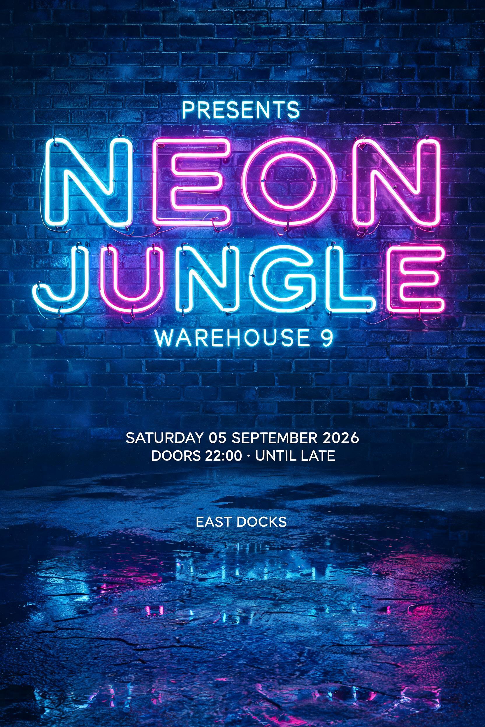 "NEON
JUNGLE
WAREHOUSE 9
SATURDAY 05 SEPTEMBER 2026
DOORS 22:00 · UNTIL LATE
EAST DOCKS" — Neon Glow text effect