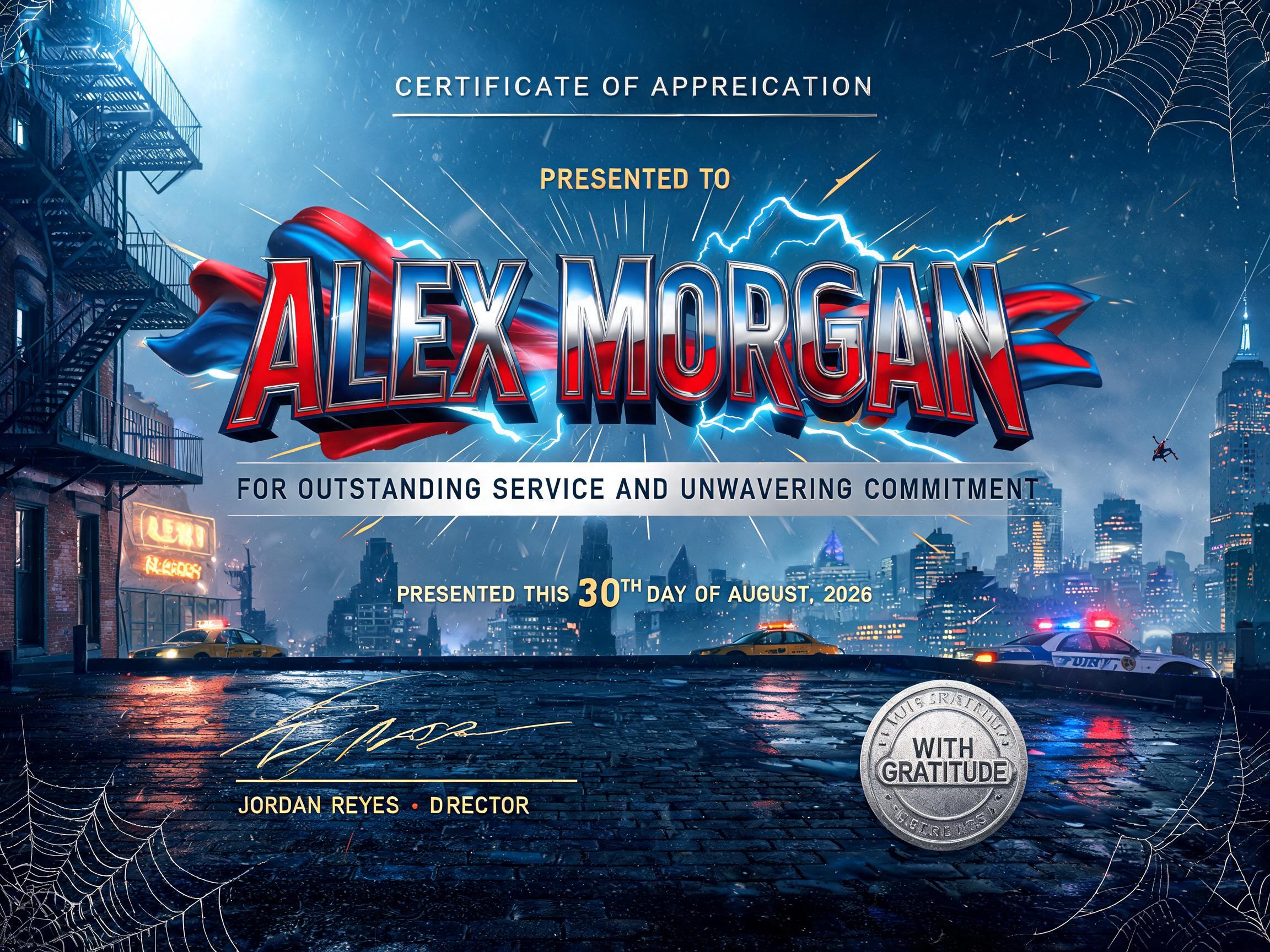 "CERTIFICATE OF APPRECIATION
PRESENTED TO
ALEX MORGAN
FOR OUTSTANDING SERVICE AND UNWAVERING COMMITMENT
PRESENTED THIS 30TH DAY OF AUGUST, 2026
JORDAN REYES · DIRECTOR
WITH GRATITUDE" — Spider Hero | AI Text Effect Generator