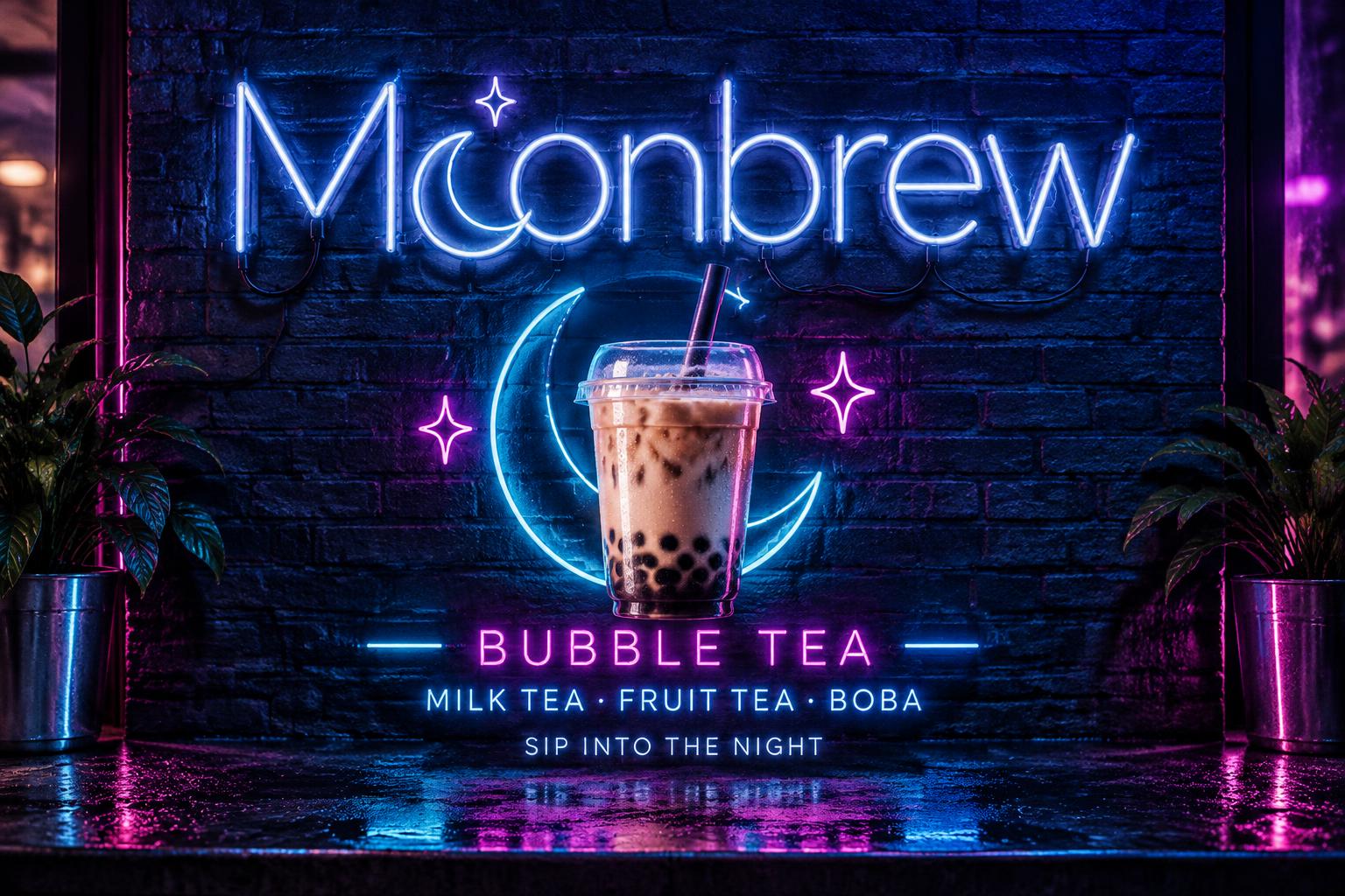 "Moonbrew
BUBBLE TEA
MILK TEA · FRUIT TEA · BOBA
SIP INTO THE NIGHT" — neon glow text effect
