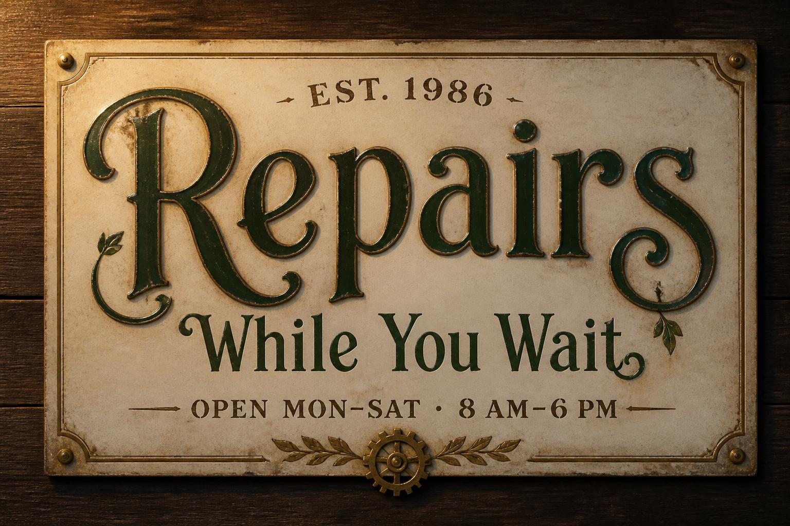 "Repairs
While You Wait
EST. 1986
OPEN MON–SAT · 8 AM–6 PM" — Vintage | AI Text Effect Generator